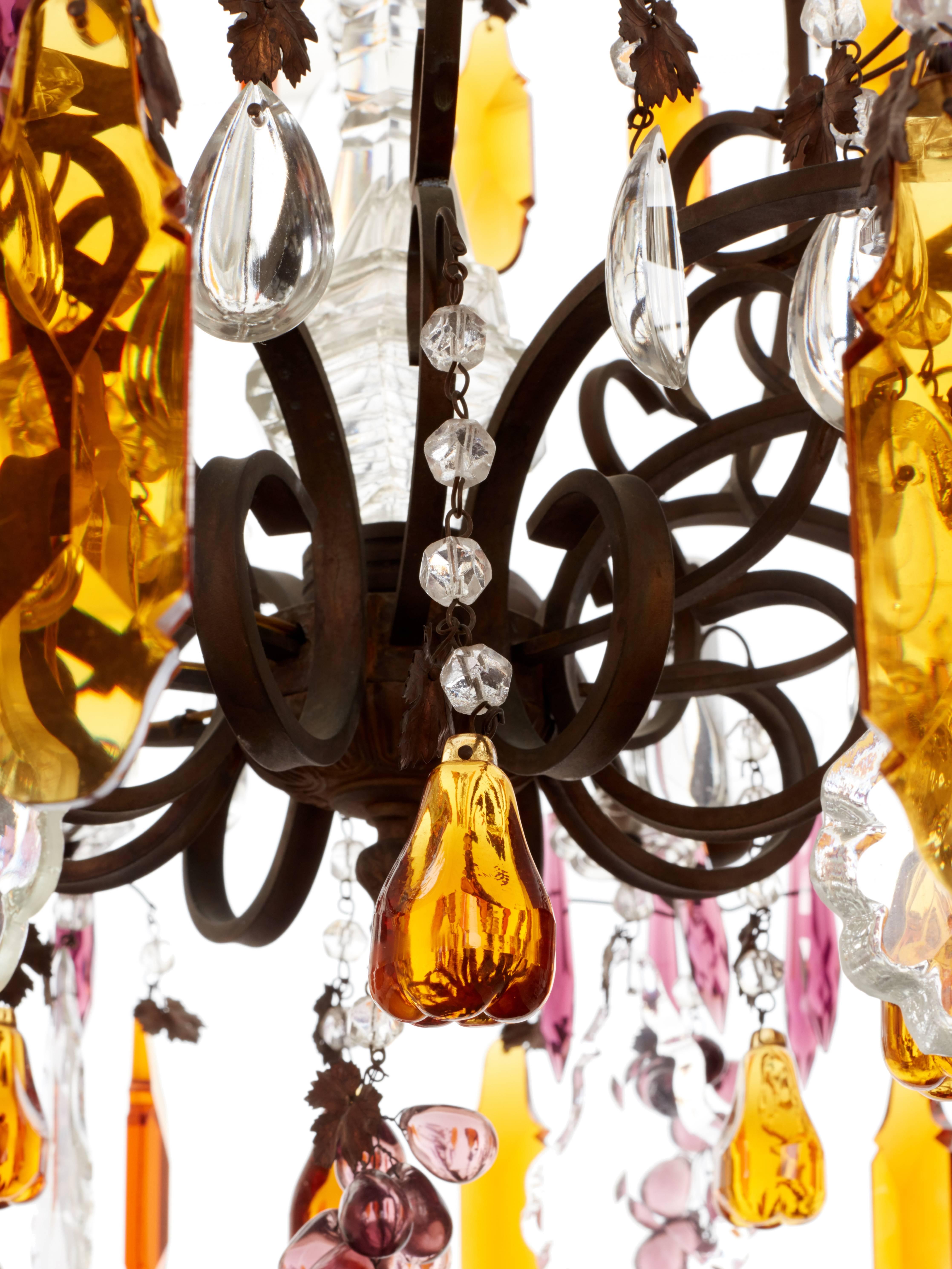 Brass French Chandelier with Purple Icicles & Amber Plaques, circa 1900