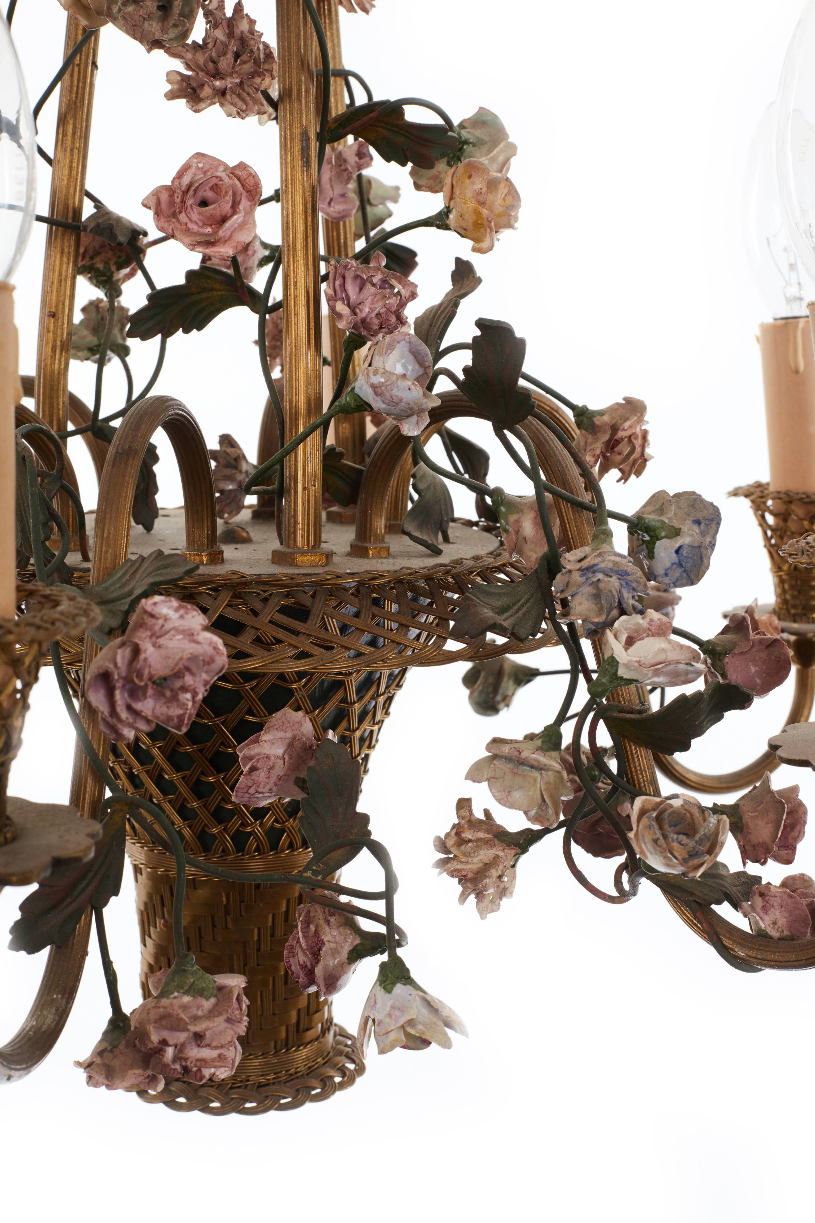 French Elegant Six-Arm Basket Brass and Porcelain Rose Chandelier