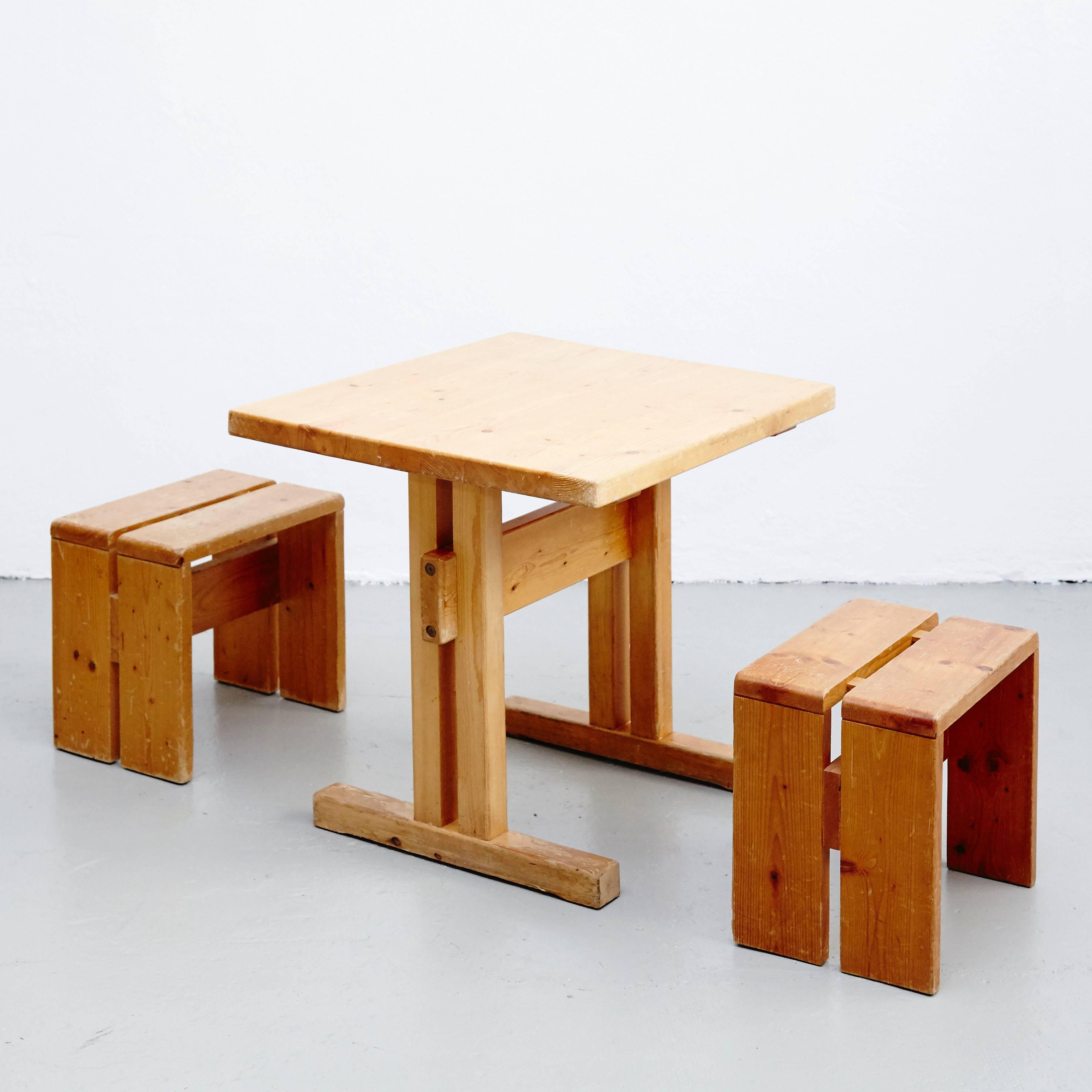 Mid-Century Modern Charlotte Perriand Table and Stools for Les Arcs