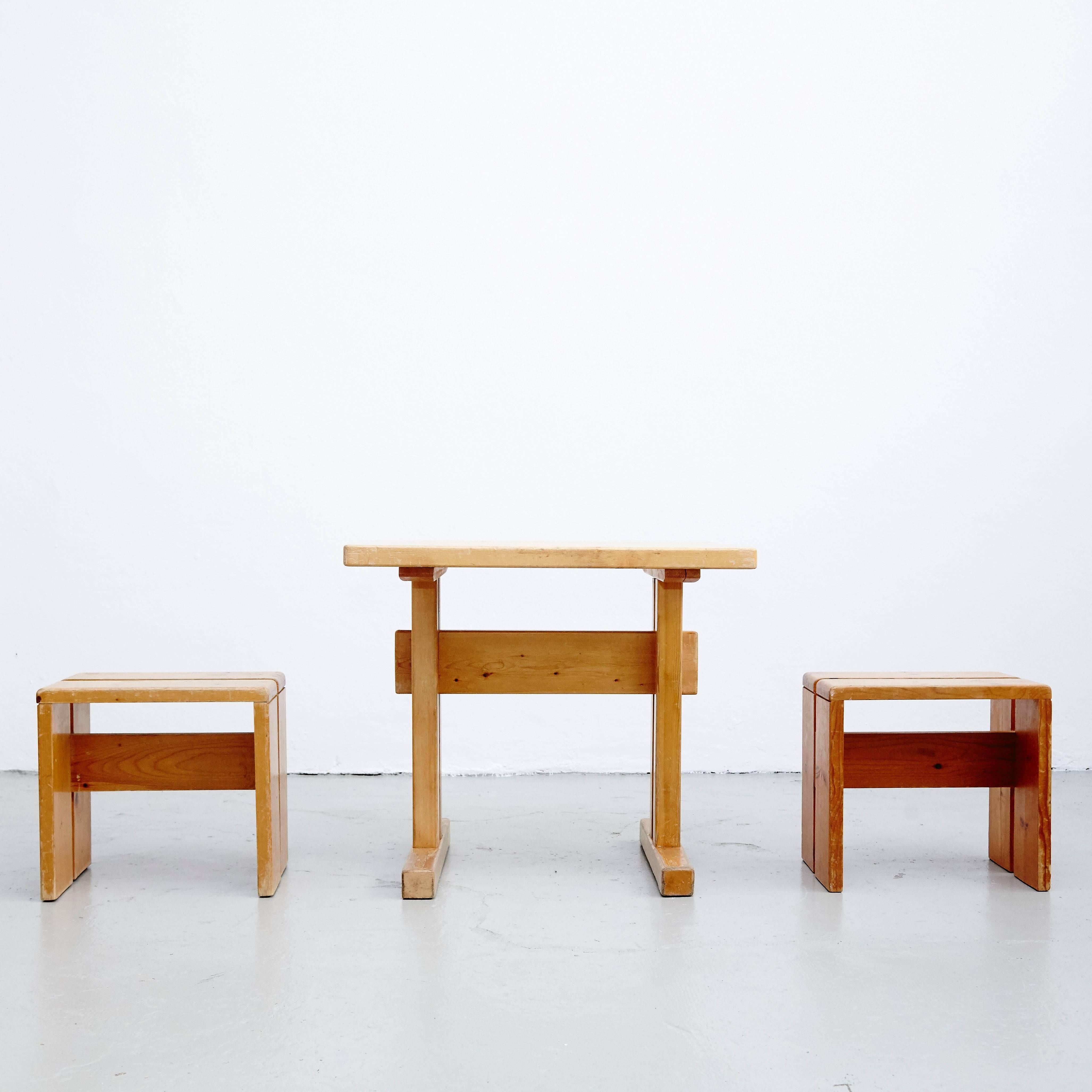 French Charlotte Perriand Table and Stools for Les Arcs