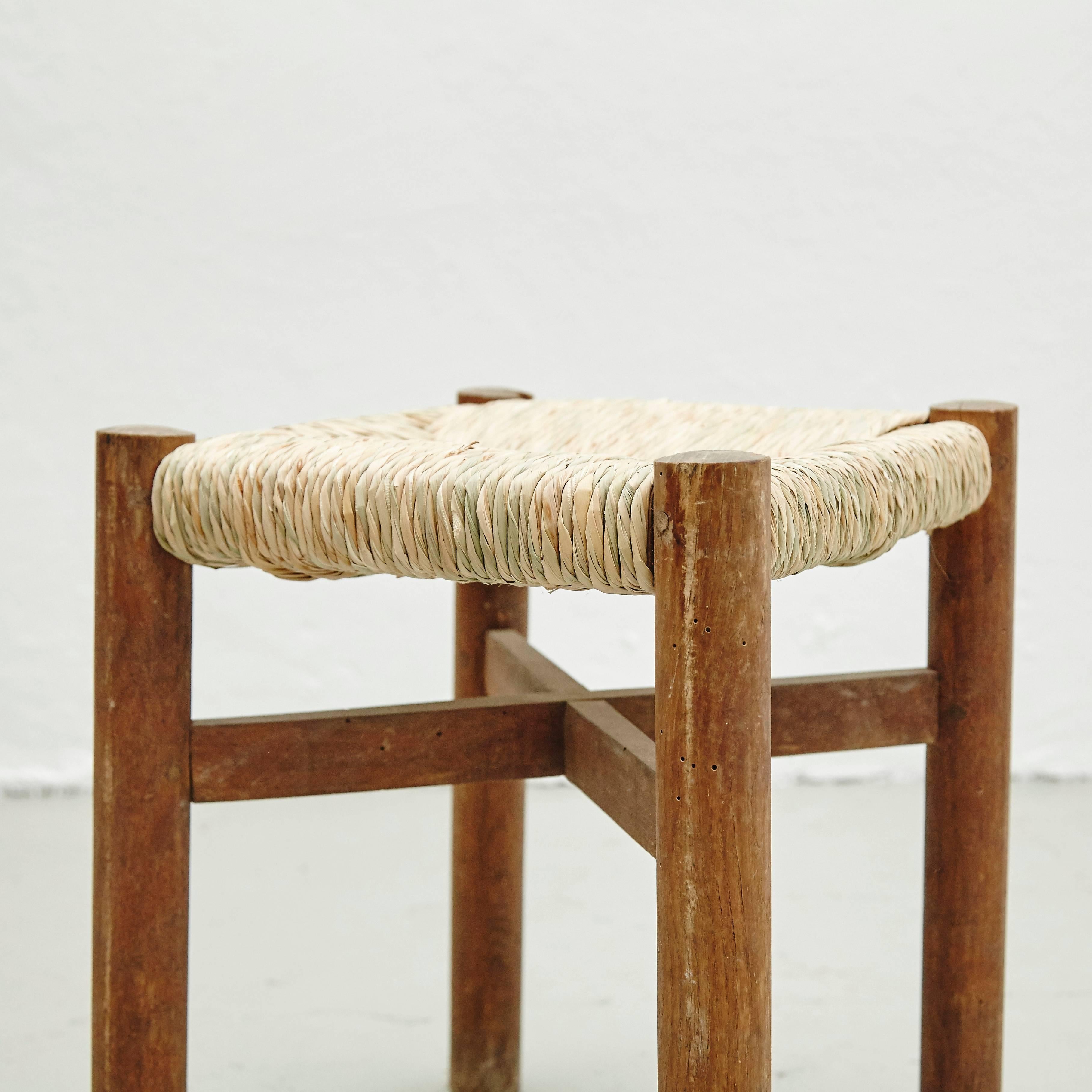 French Charlotte Perriand Wood and Rattan Stool for Meribel, circa 1950