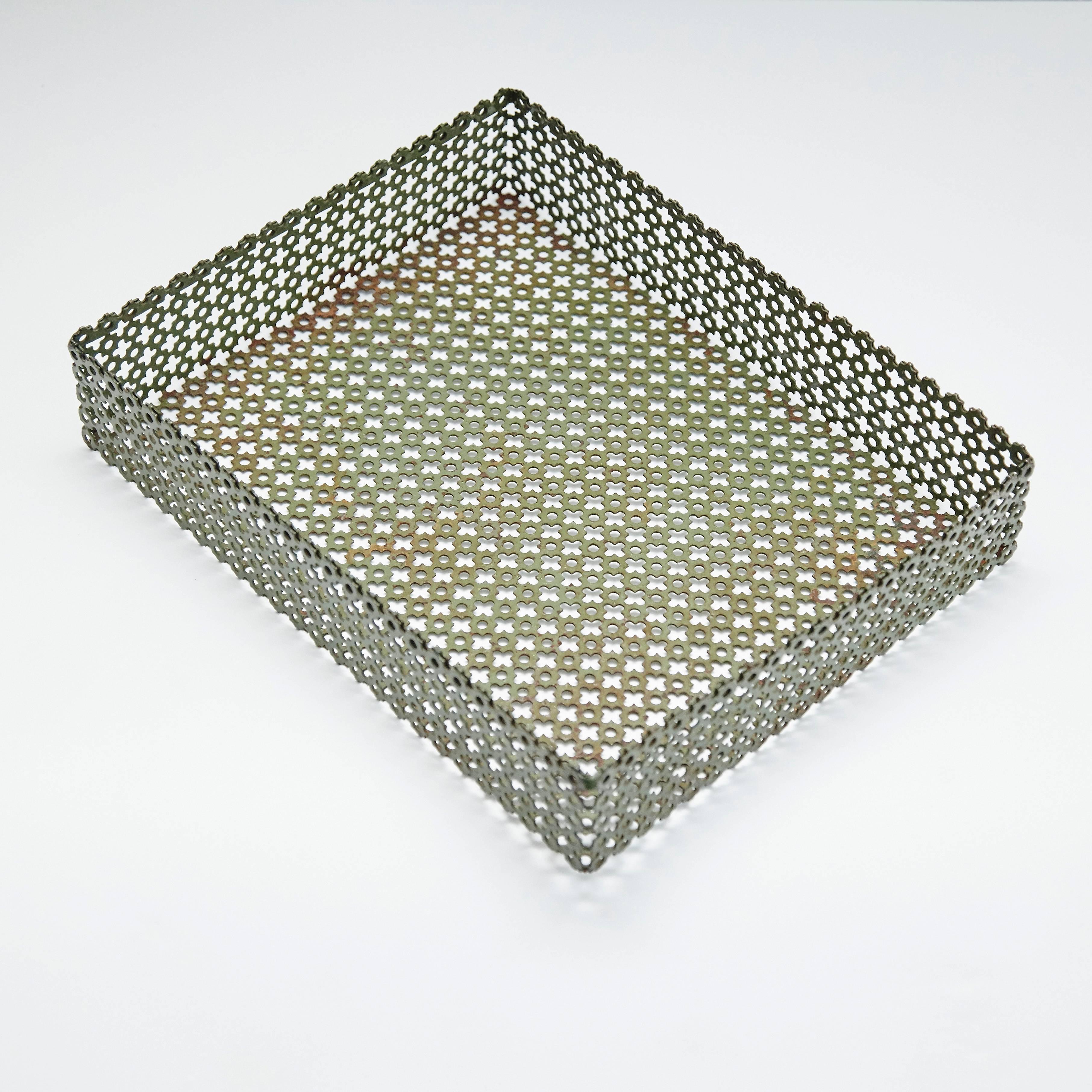 French Green Enameled Metal Tray after Mathieu Matégot, circa 1950