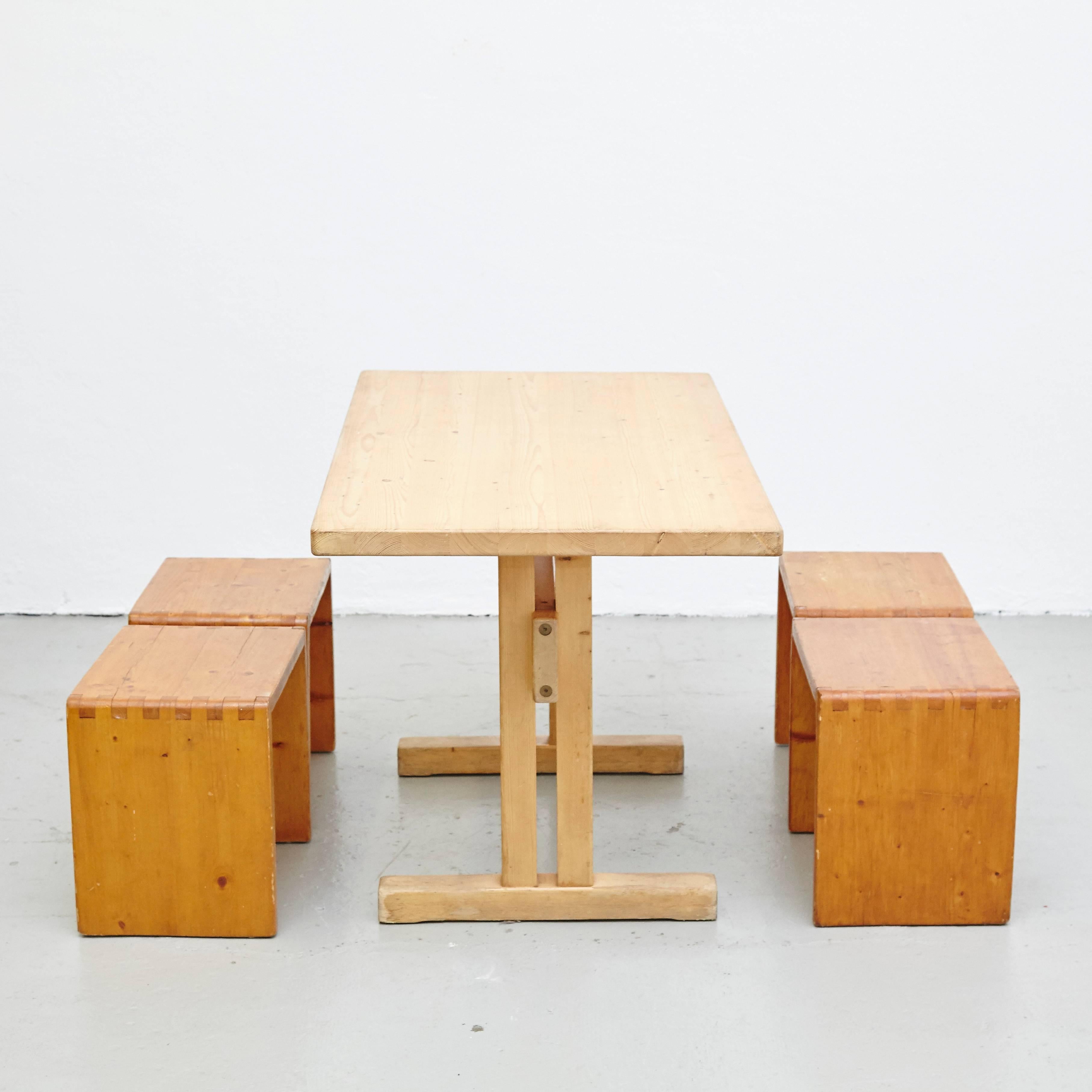 French Charlotte Perriand Table and Stools for Les Arcs