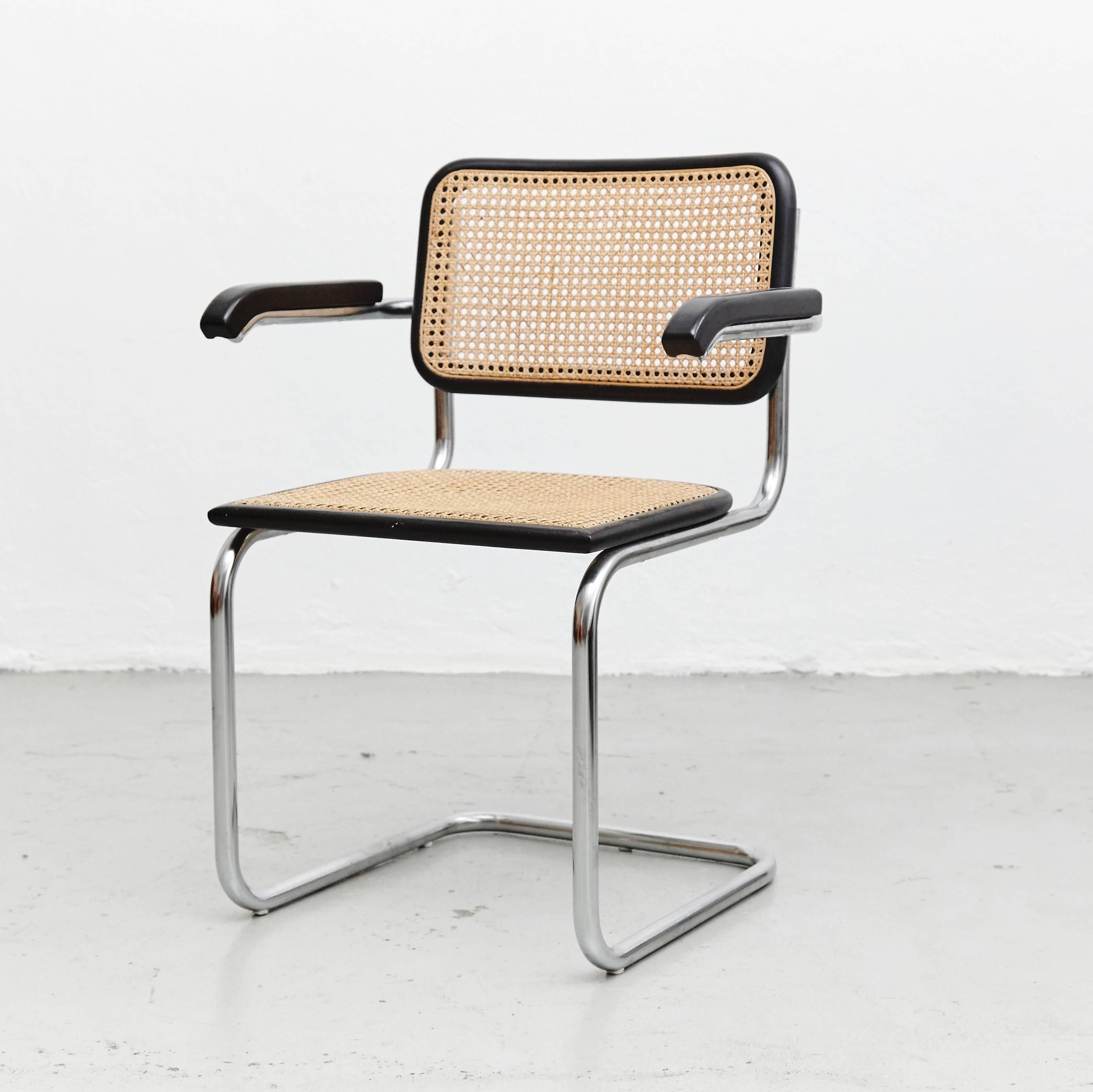 Chairs, model Cesca, designed by Marcel Breuer.
Manufactured in Italy around 1970 by unknown manufacturer.

Metal pipe frame, wood seat and back structure and rattan.

In good original condition, with minor wear consistent with age and use,