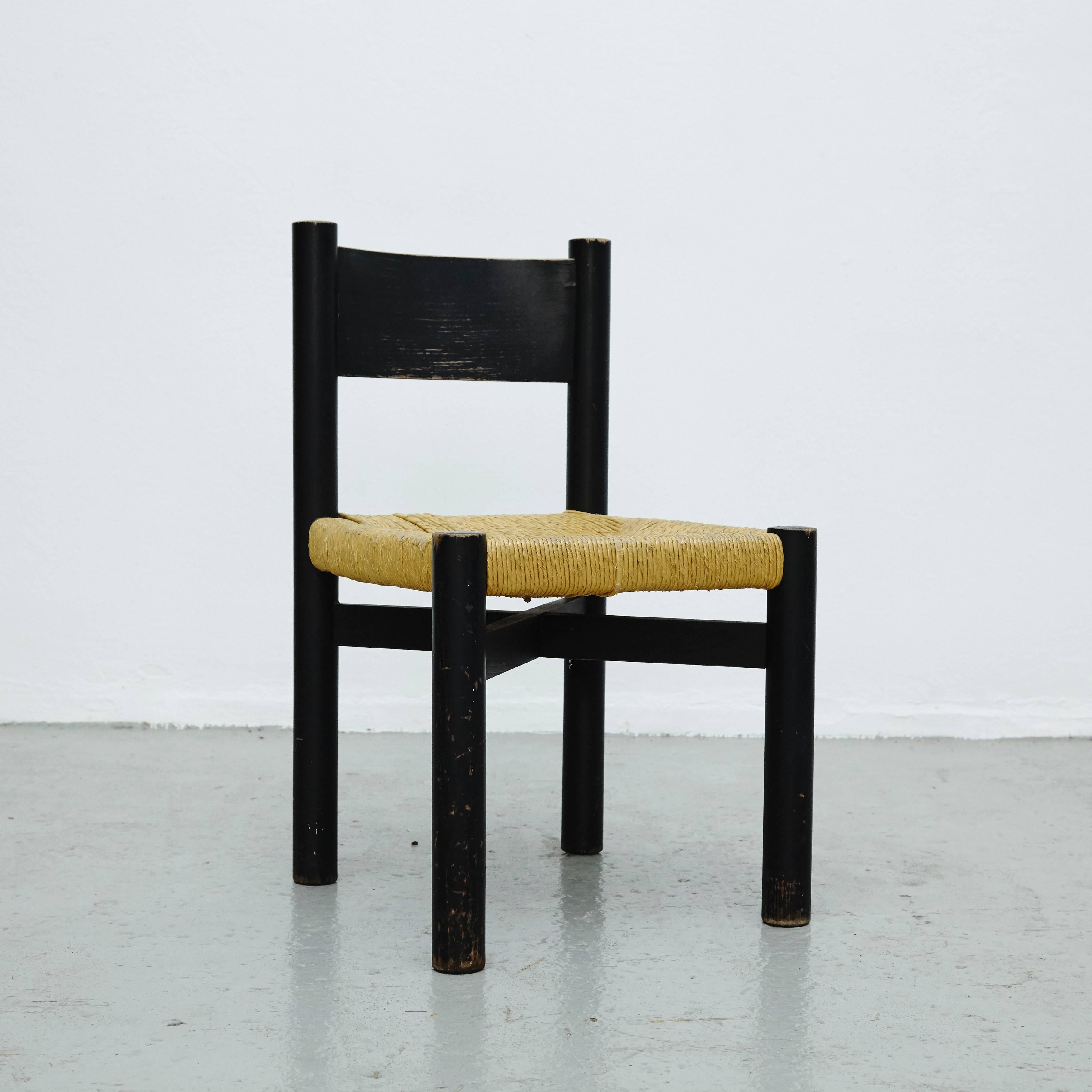French Rare Set of Four Black Chairs by Charlotte Perriand for Meribel, circa 1950