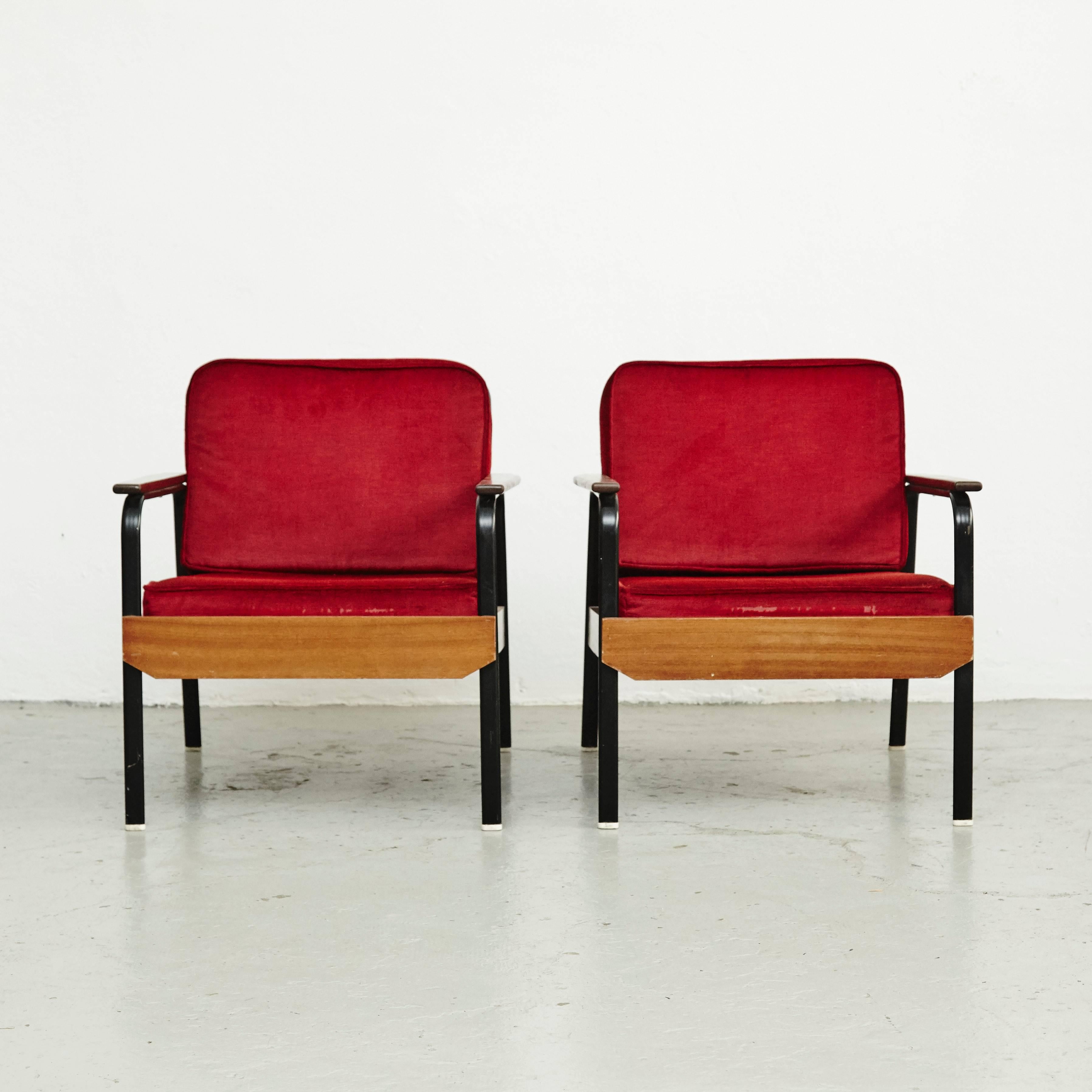 Mid-20th Century Pair of French Mid Century Modern Wood and Metal Easy Chairs after Jean Prouve