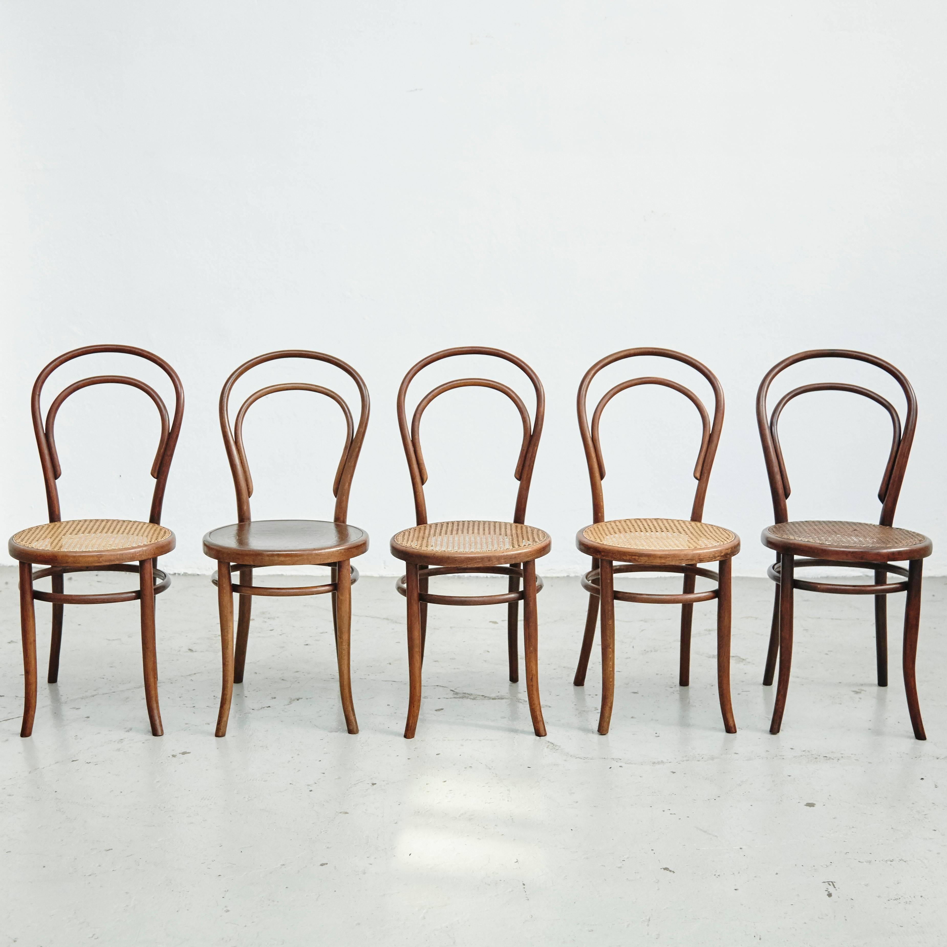 Set of ten bentwood chairs, circa 1900.
Pair of Thonet chairs, manufactured in France.
Set of four Fischel chairs, manufactured in Austria.
Pair of Kohn Ciars and unknown artist chairs, manufactured in Austria
bentwood and rattan.

In good