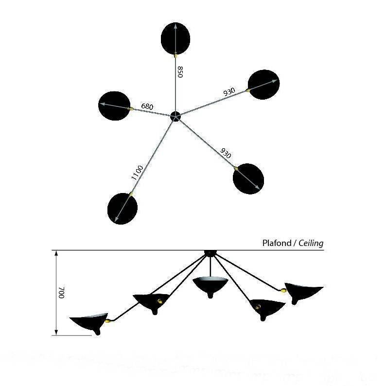 Spider five still arms ceiling sconce lamp designed by Serge Mouille / Collection Serge Mouille.

Made by hand in Mouille's original workroom - 1000 exemplar of each model per year. 

Serge Mouille (24 December 1922-1988) was a French Industrial