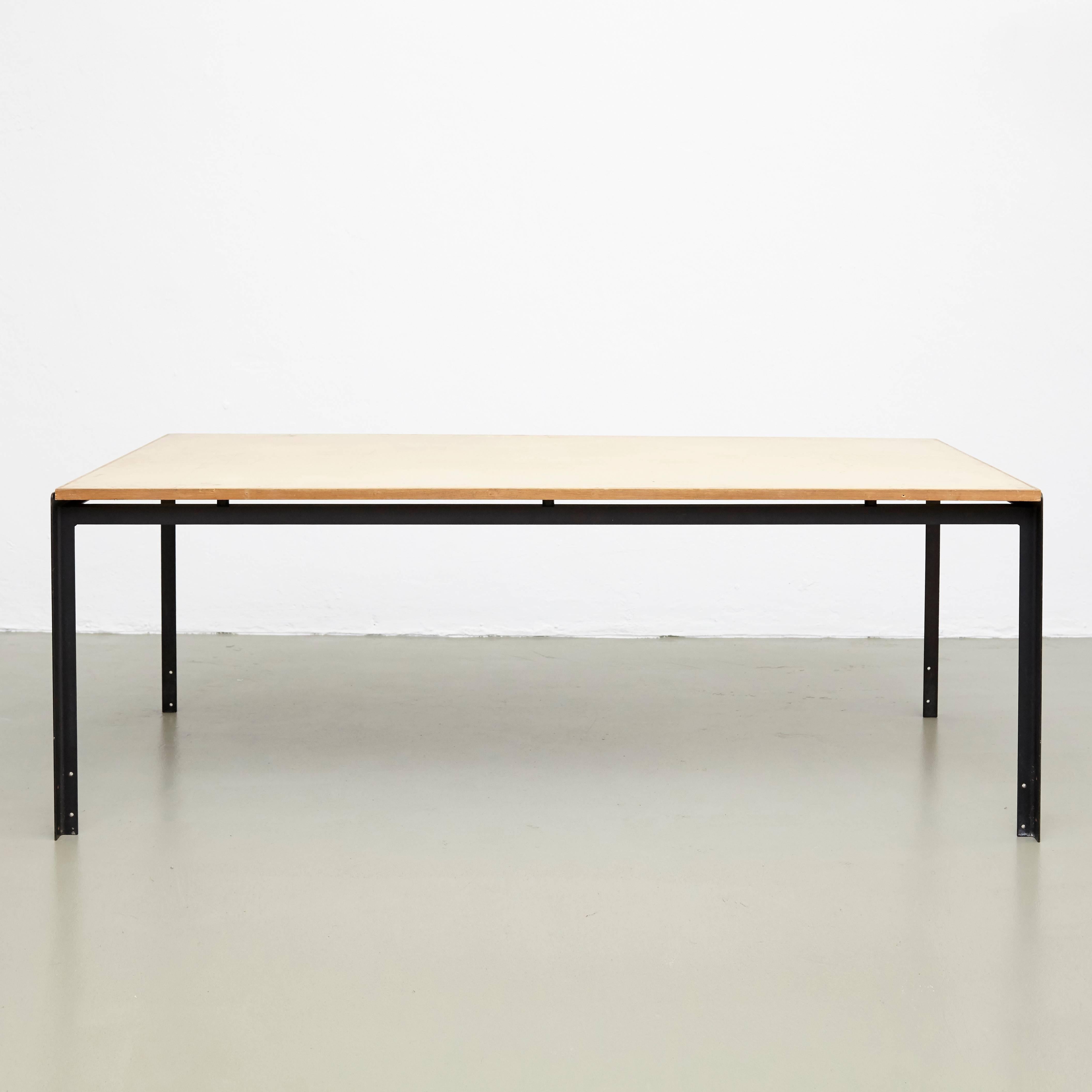 Professors desk designed by Poul Kjaerholm manufactured by Rud Rasmussen in Denmark.

Wood linoleum tabletops and lacquered metal legs 

In good original condition, with minor wear consistent with age and use, preserving a beautiful patina. 

Poul