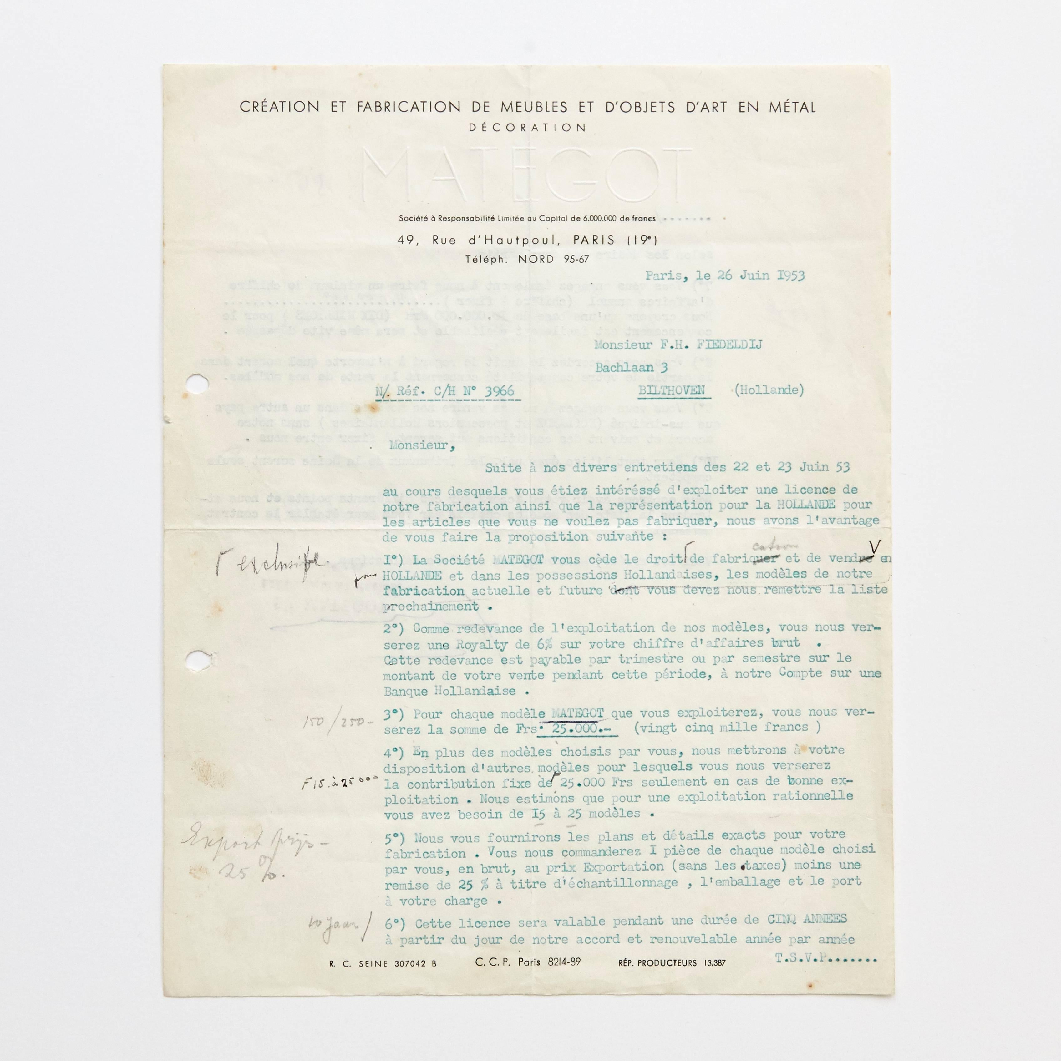 Paper Contract of Matégot & Artimeta, 1953