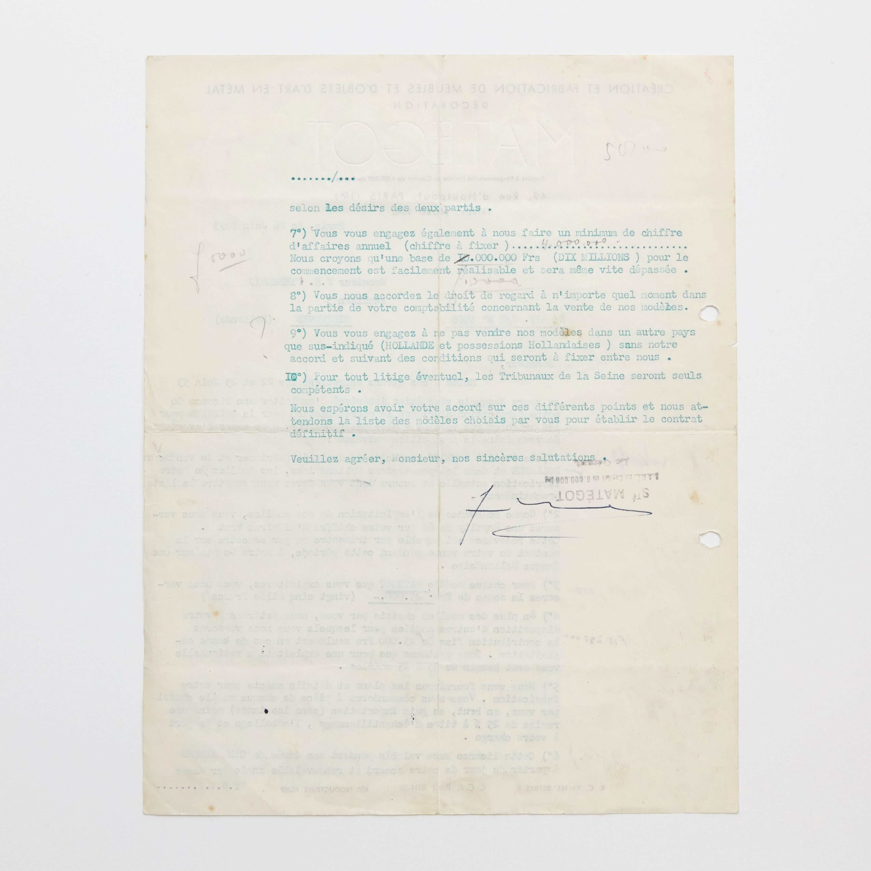 Contract of Matégot & Artimeta, 1953 2