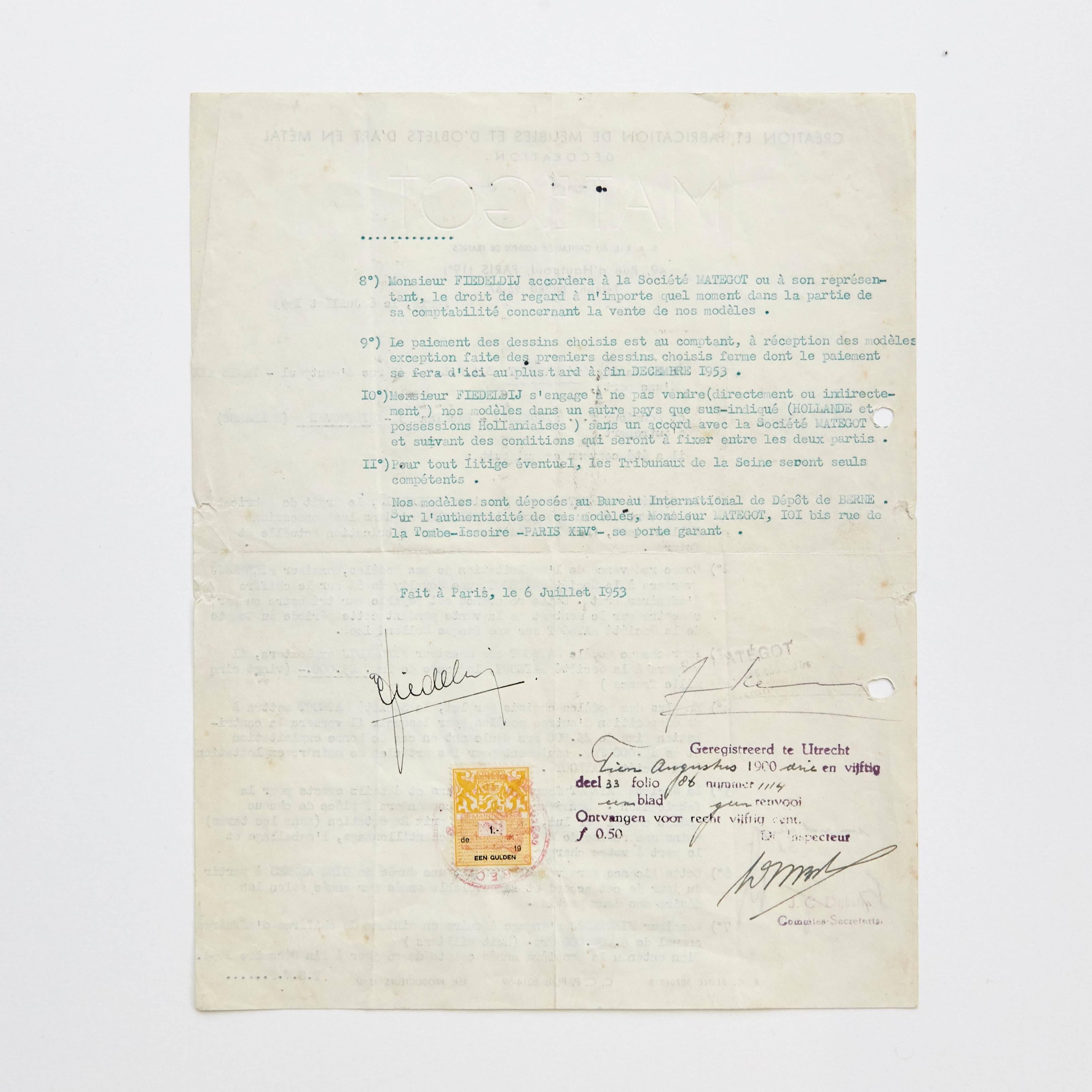 Contract of Matégot & Artimeta, 1953 In Good Condition In Barcelona, Barcelona