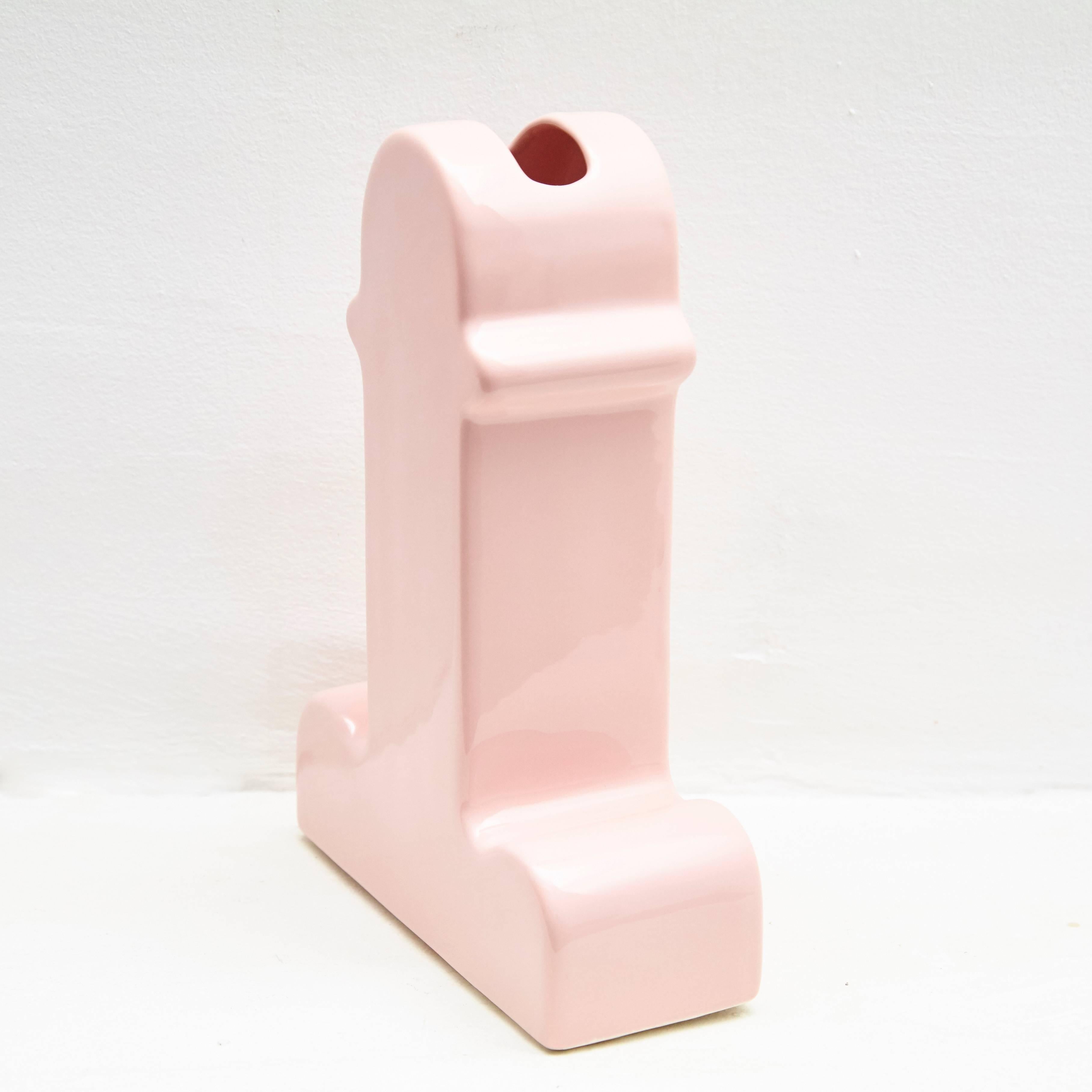 Mid-Century Modern Ettore Sottsass, Memphis, Pink Ceramic Shiva Vase