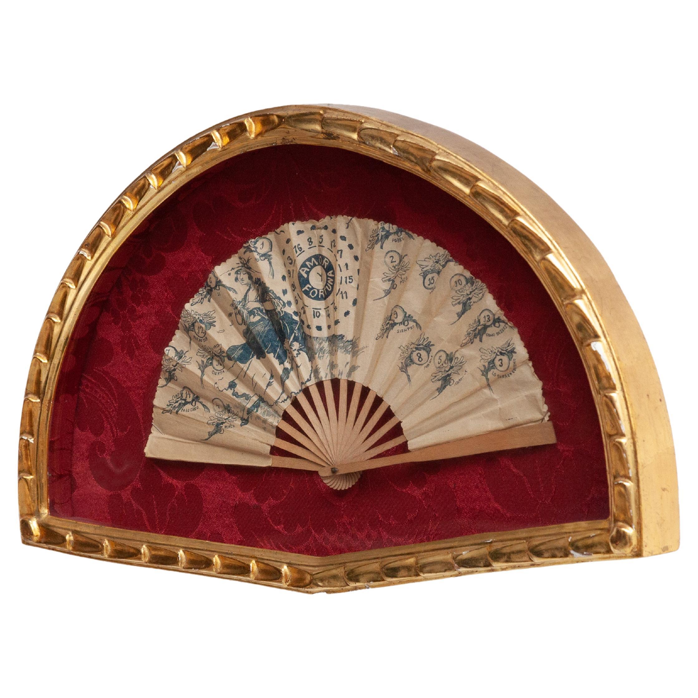 Traditional Spanish Paper Fan in a Guilted Frame, circa 1920