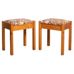 Vintage Set of Two Traditional Catalan Pine Stools in Original Fabric, circa 1960