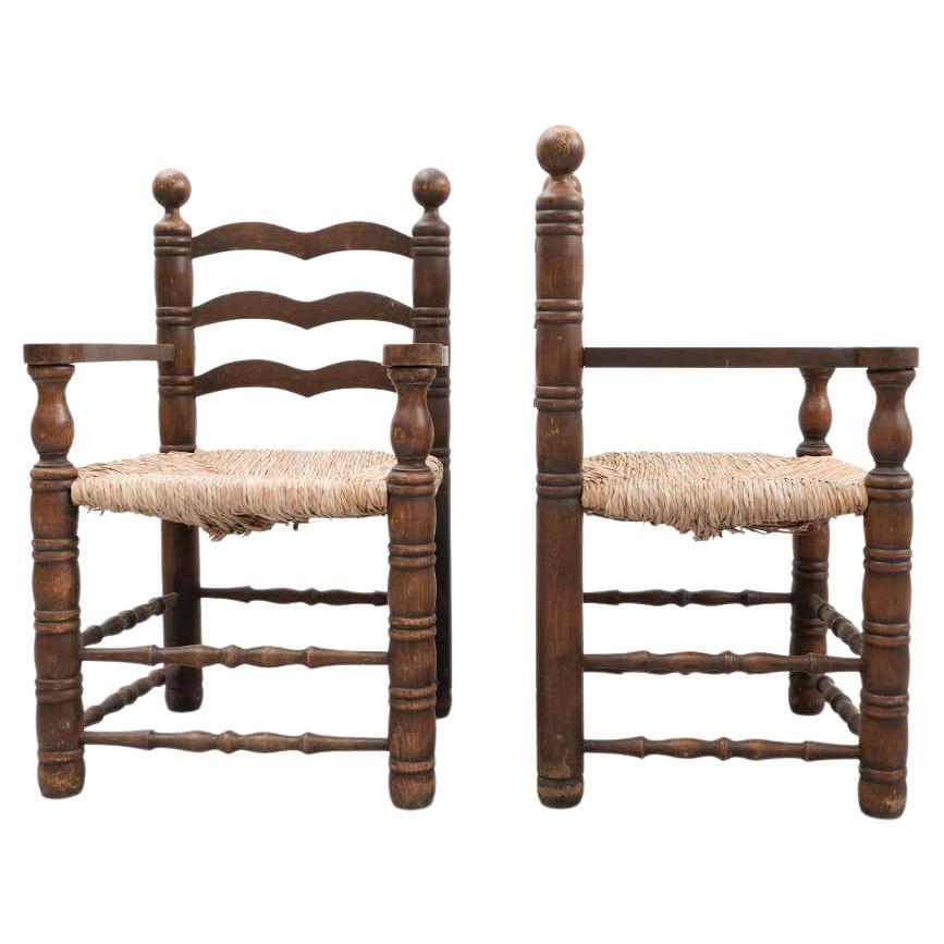 Pair of Early 20th Century Popular Rustic Armchair in Wood and Rattan