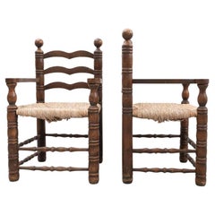Used Pair of Early 20th Century Popular Rustic Armchair in Wood and Rattan