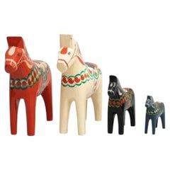 Set of 4 Swedish Folk Wooden Dala Horse Toys, circa 1960