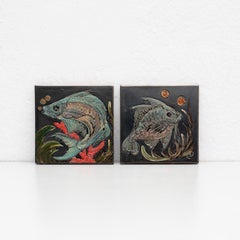 Diaz Costa Set of Two Ceramic Hand Painted Artwork, circa 1960