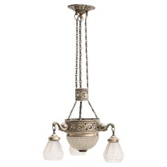 Lampada da soffitto Art Deco francese d'epoca in metallo e vetro, circa 1930