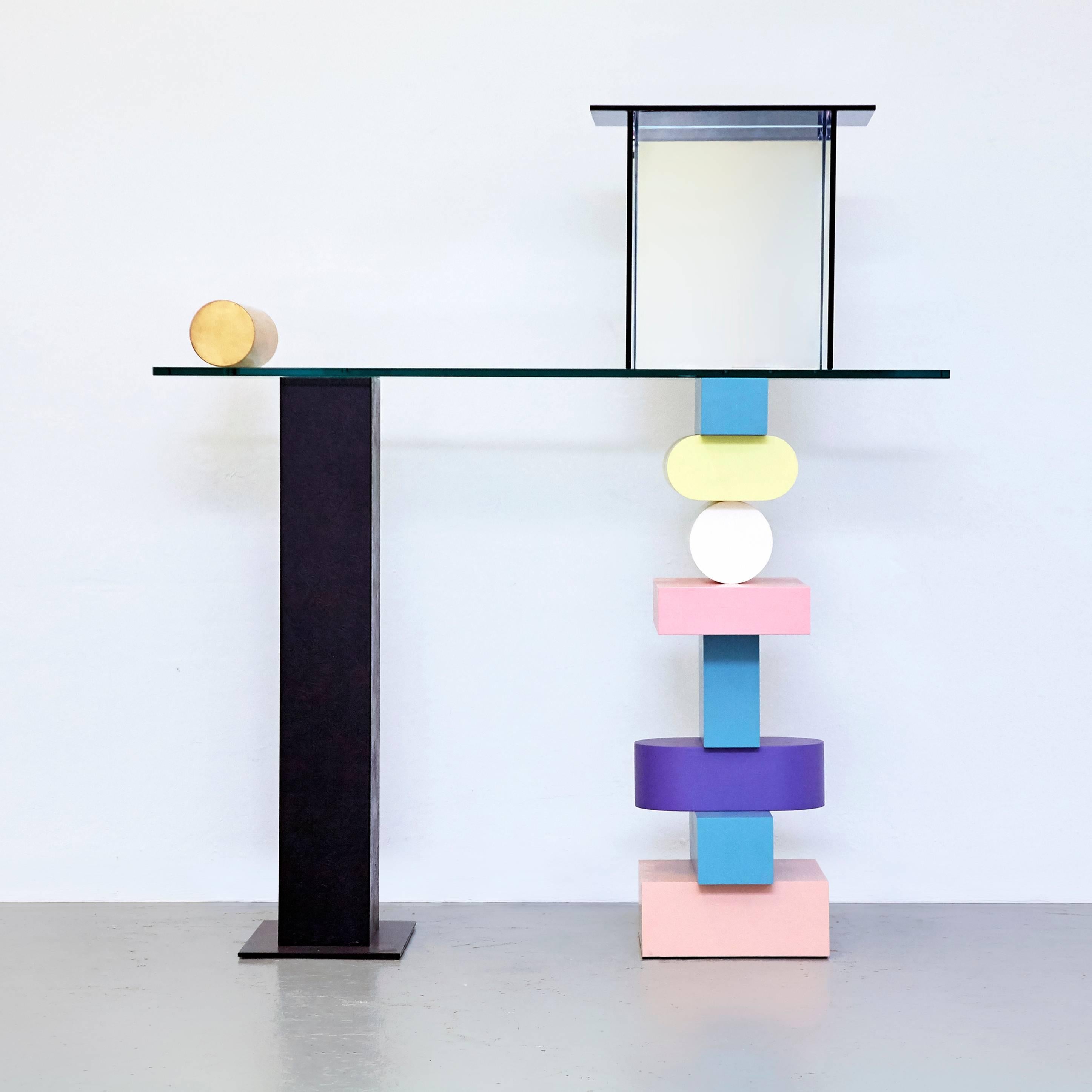 Console Designed by Ettore Sottsass in Italy manufactured by Design Gallery Milano in 1922.

In lacquered and giled wood with metal leg.
Top in blue glass and mirror.

Limited edition of nine signed and numered pieces, number 2 / 9.

In good