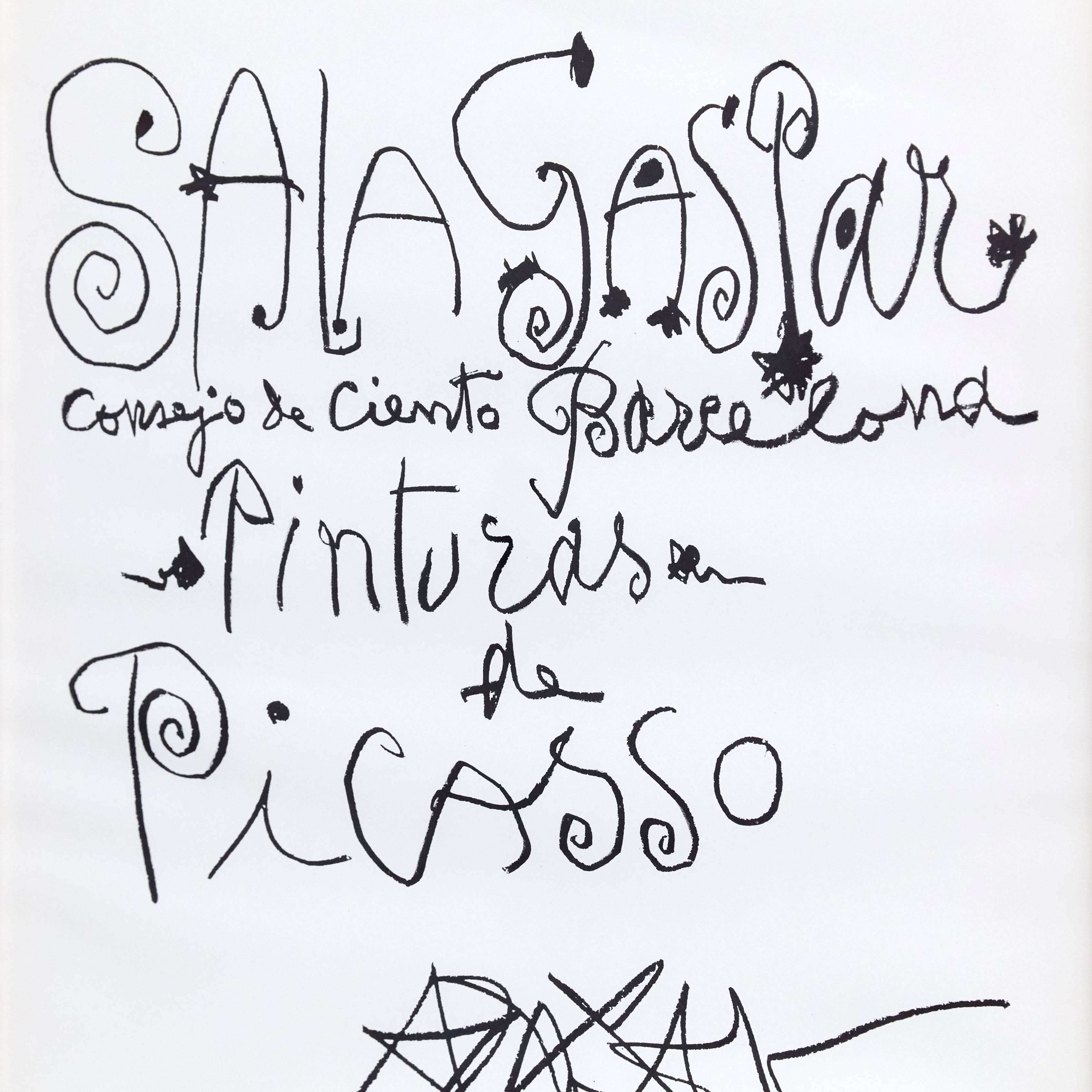 Original poster by Pablo Picasso, 1960.
Transfer lithograph by the artist for an exhibition of his paintings at the gallery Sala Gaspar in Barcelona.
Limited edition of 500. 
Catalogue Raisonne: Czwiklitzer 40; Reuss 767
Printed by Foto-Repro,