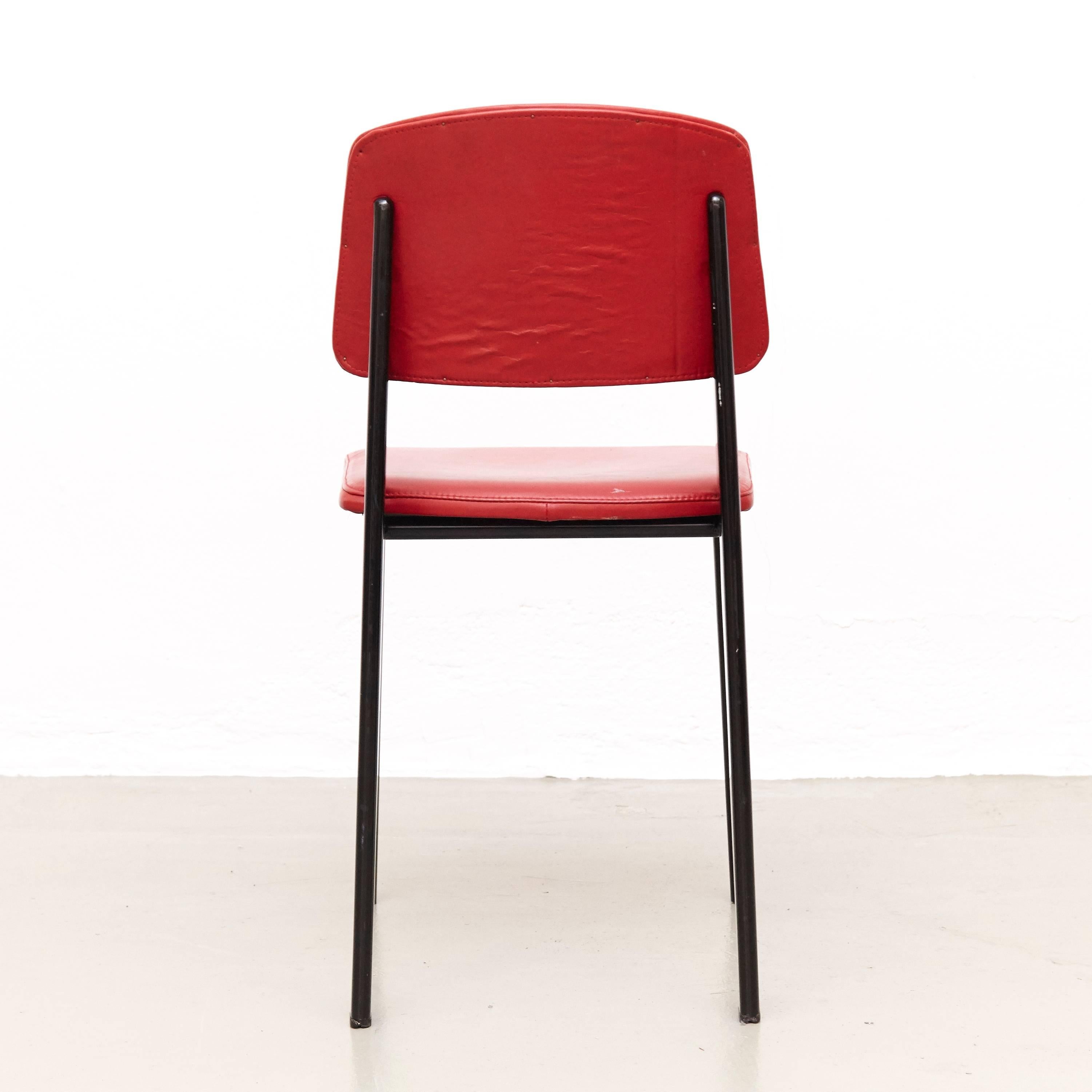 French Jean Prouvé Mid Century Modern Red Upholstered Standard Chair, circa 1950