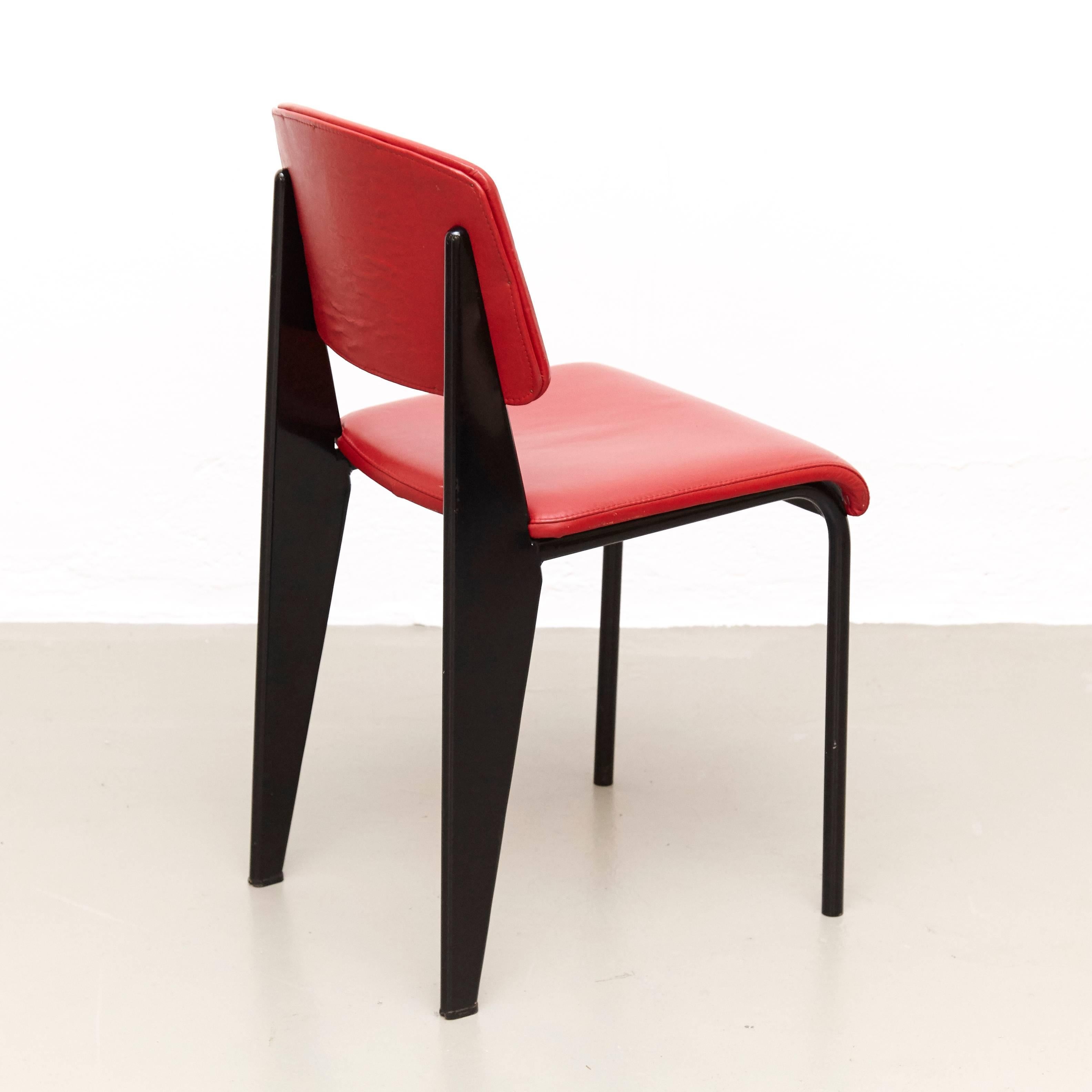 Jean Prouvé Mid Century Modern Red Upholstered Standard Chair, circa 1950 (Französisch)