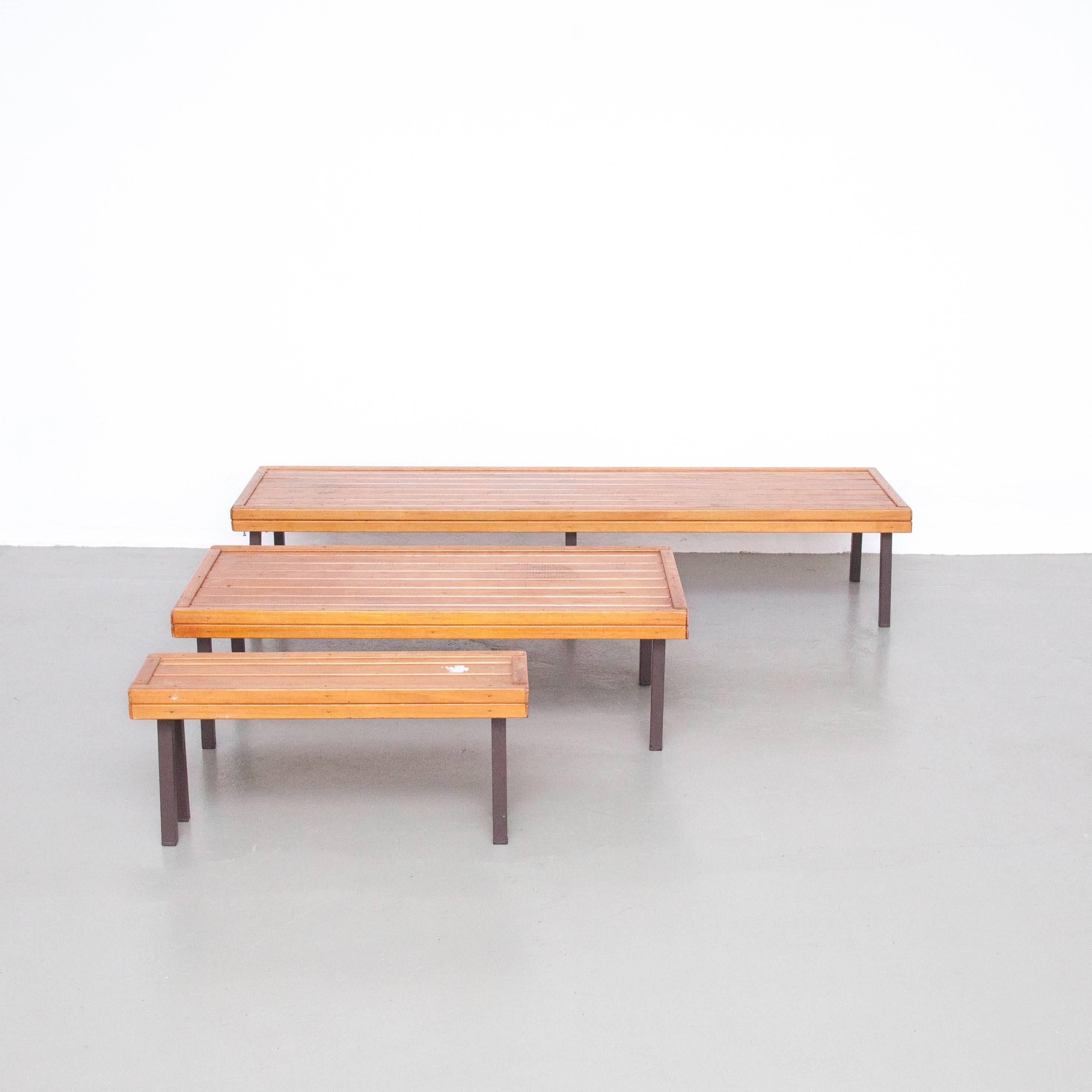 Set midcentury Formalist benches by unknown designer.
Manufactured in France, circa 1960.

In great original condition, with minor wear consistent with age and use, preserving a beautiful patina.