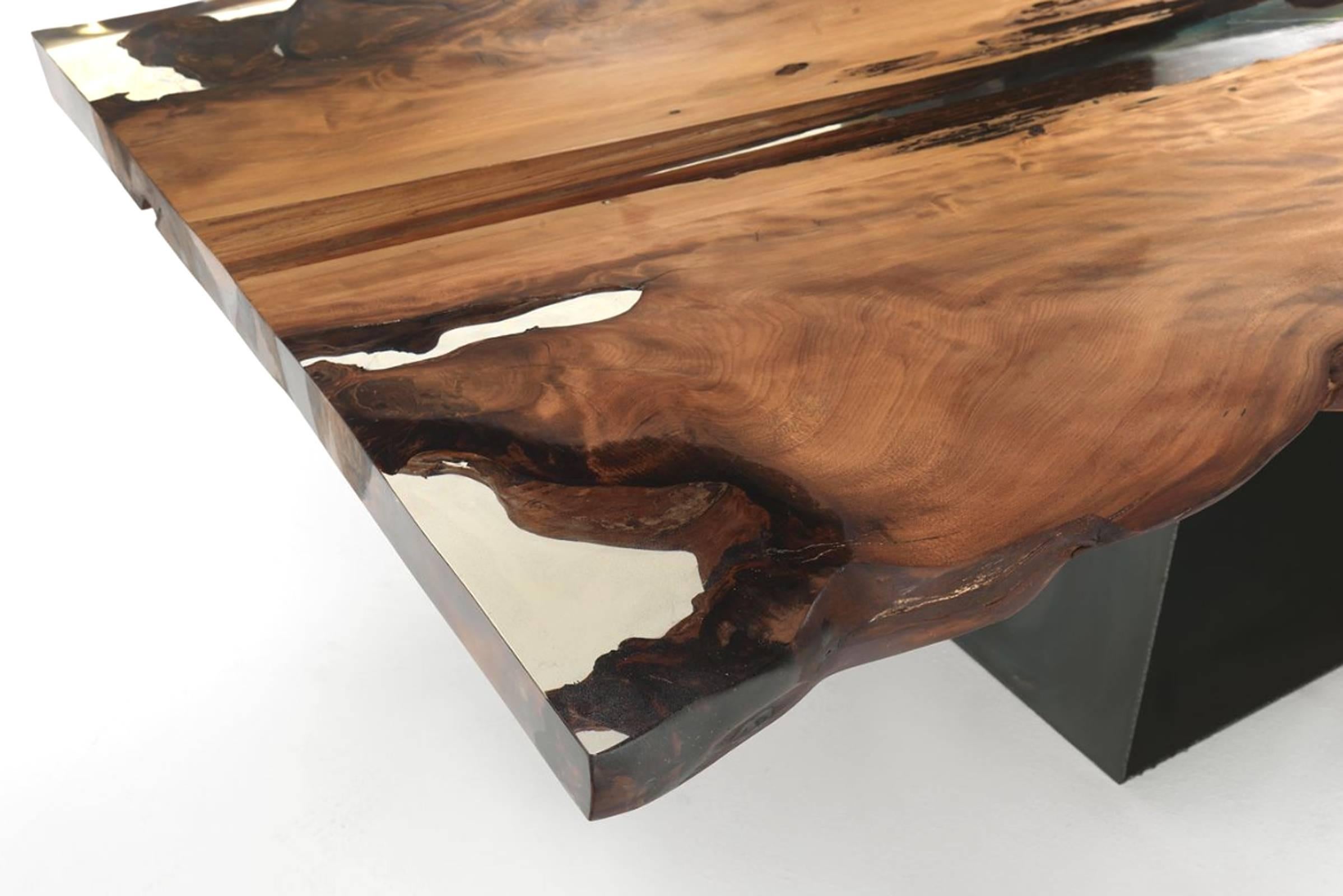 Hand-Carved Table Cuadra with Walnut Top and Acrylic Glass on Irondust Anthracite Grey Base