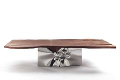 Dining Table LAGUNA, top in  KAURI wood, sculptured base in forged steel