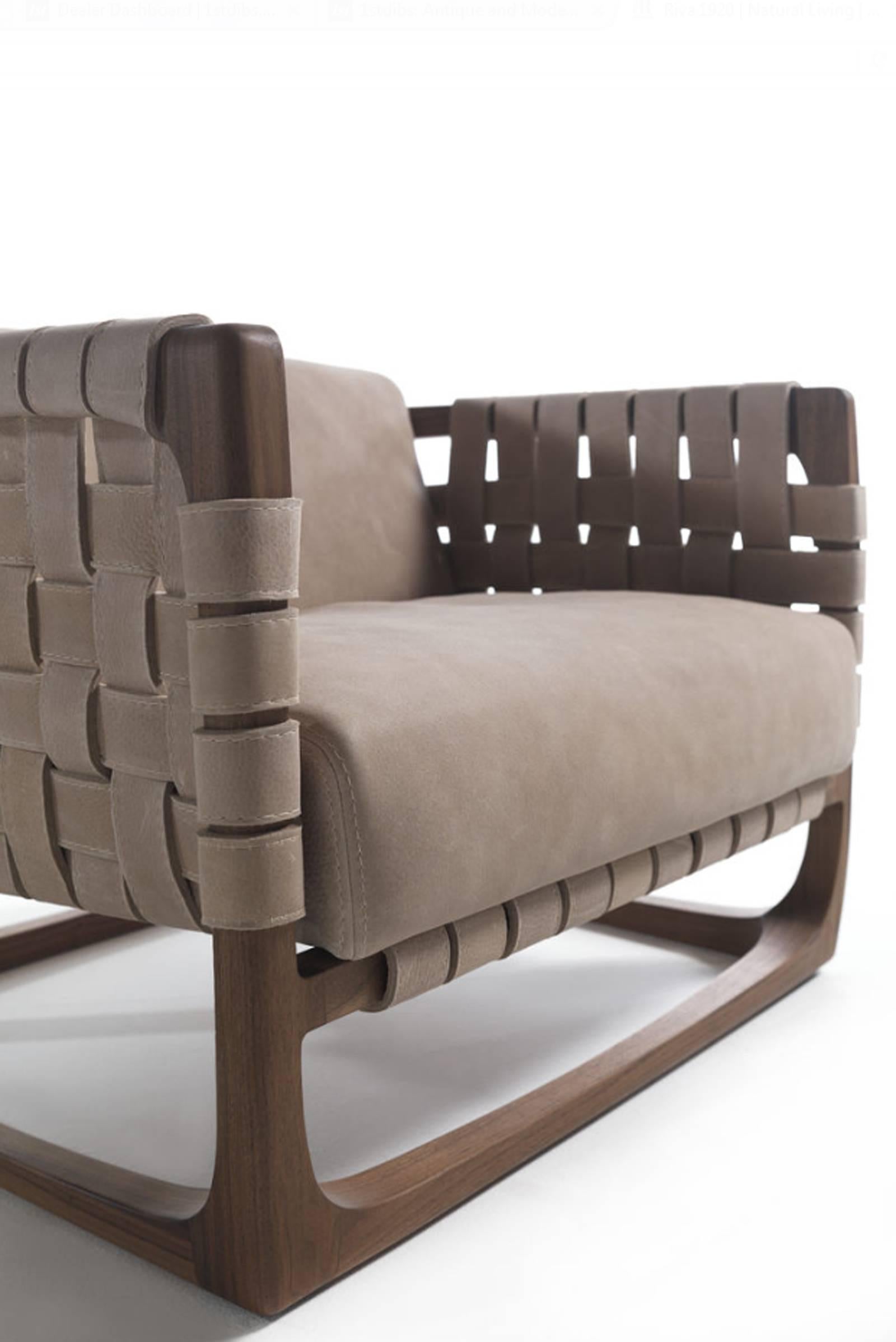 Webbing Armchair Padded Seat in Nubuck Leather in solid walnut In Excellent Condition For Sale In Paris, FR