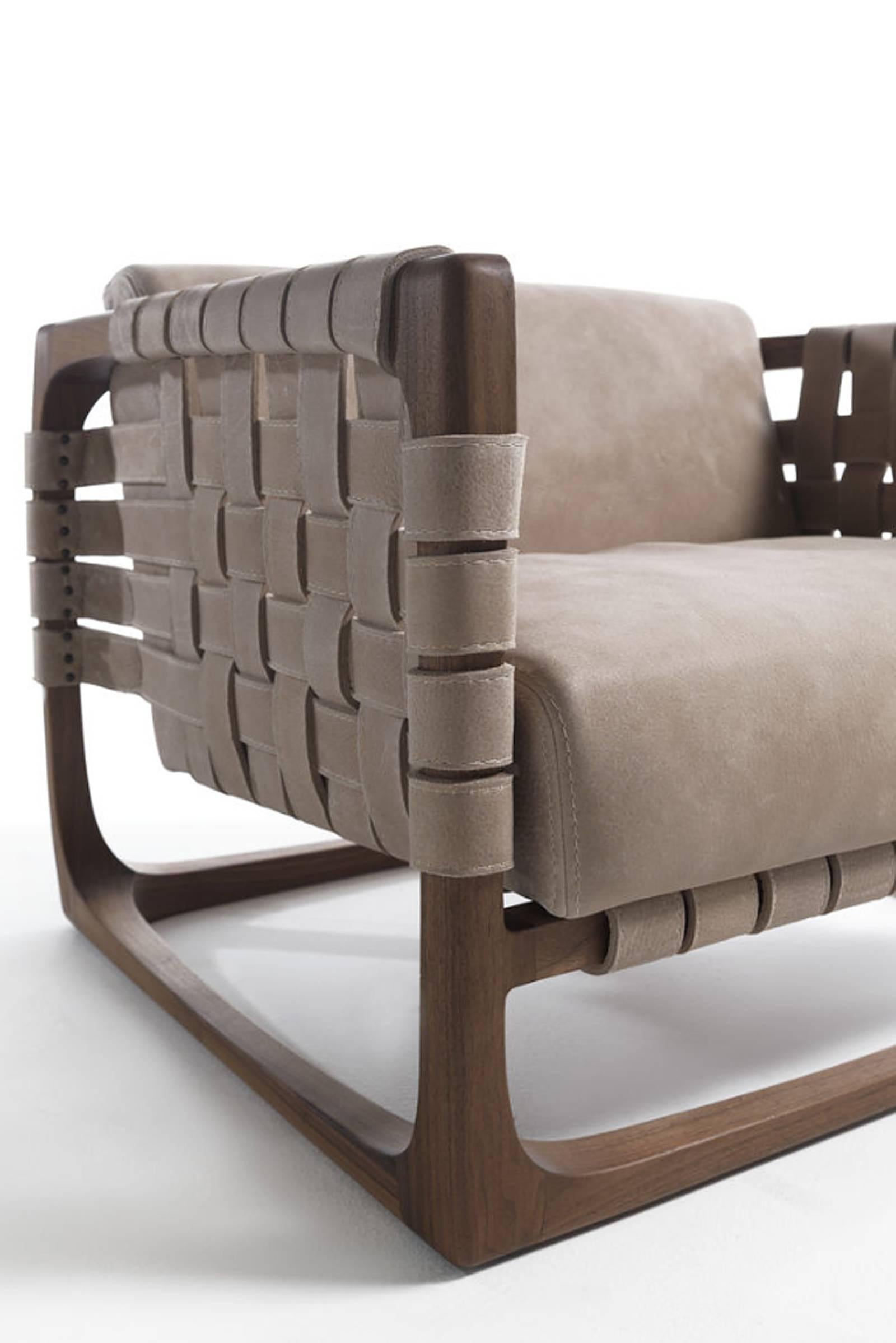 Contemporary Webbing Armchair Padded Seat in Nubuck Leather in solid walnut For Sale