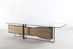 Table Trunk Slice in Natural Solid Oak Wood Metal Frame and Clear Glass Top