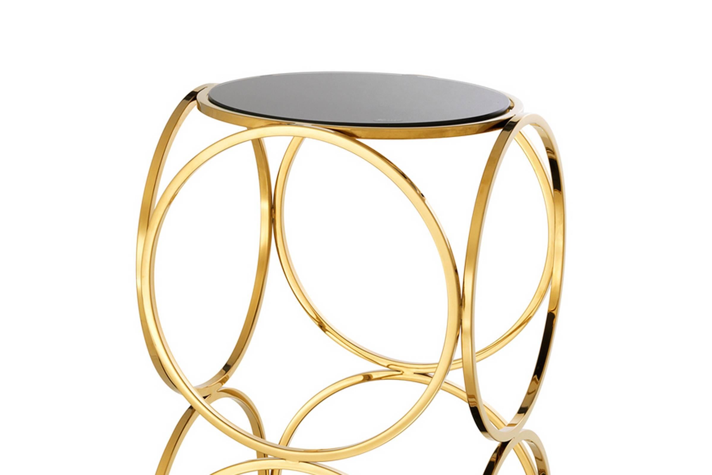 Blackened Side Table Rings in Gold Finish with Black Glass Top and Marble Base