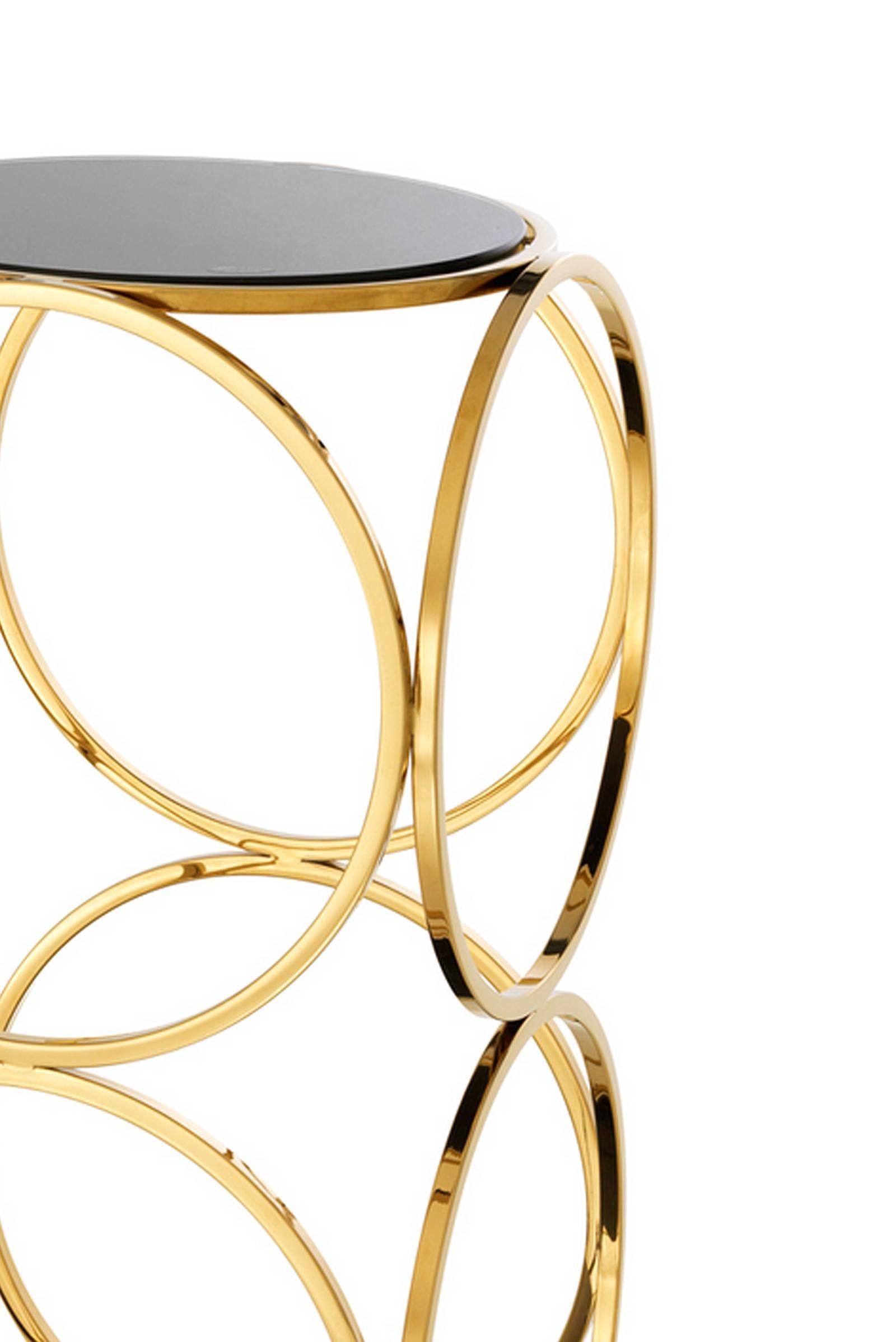 Dutch Side Table Rings in Gold Finish with Black Glass Top and Marble Base