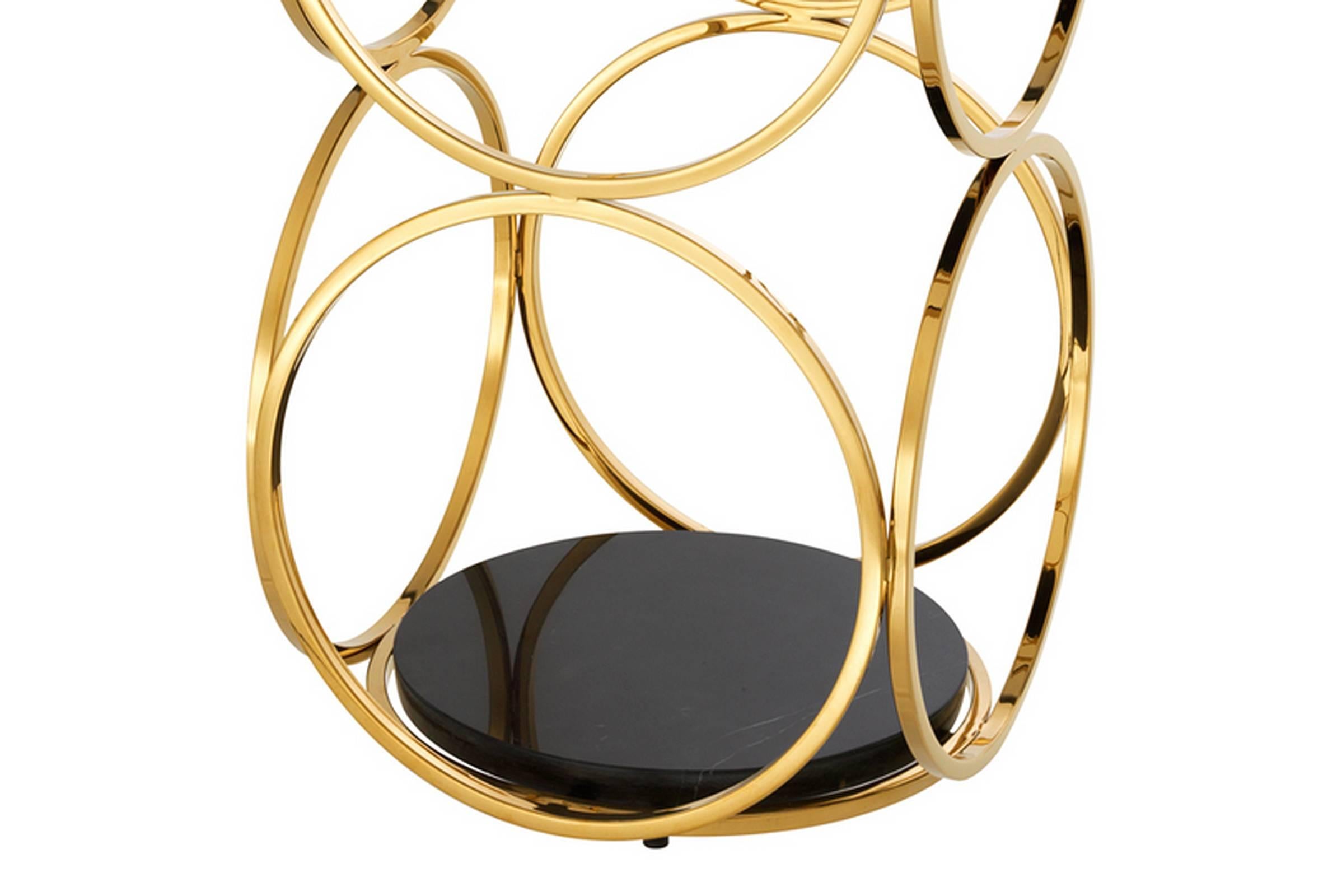 Side Table Rings in Gold Finish with Black Glass Top and Marble Base In Excellent Condition In Paris, FR
