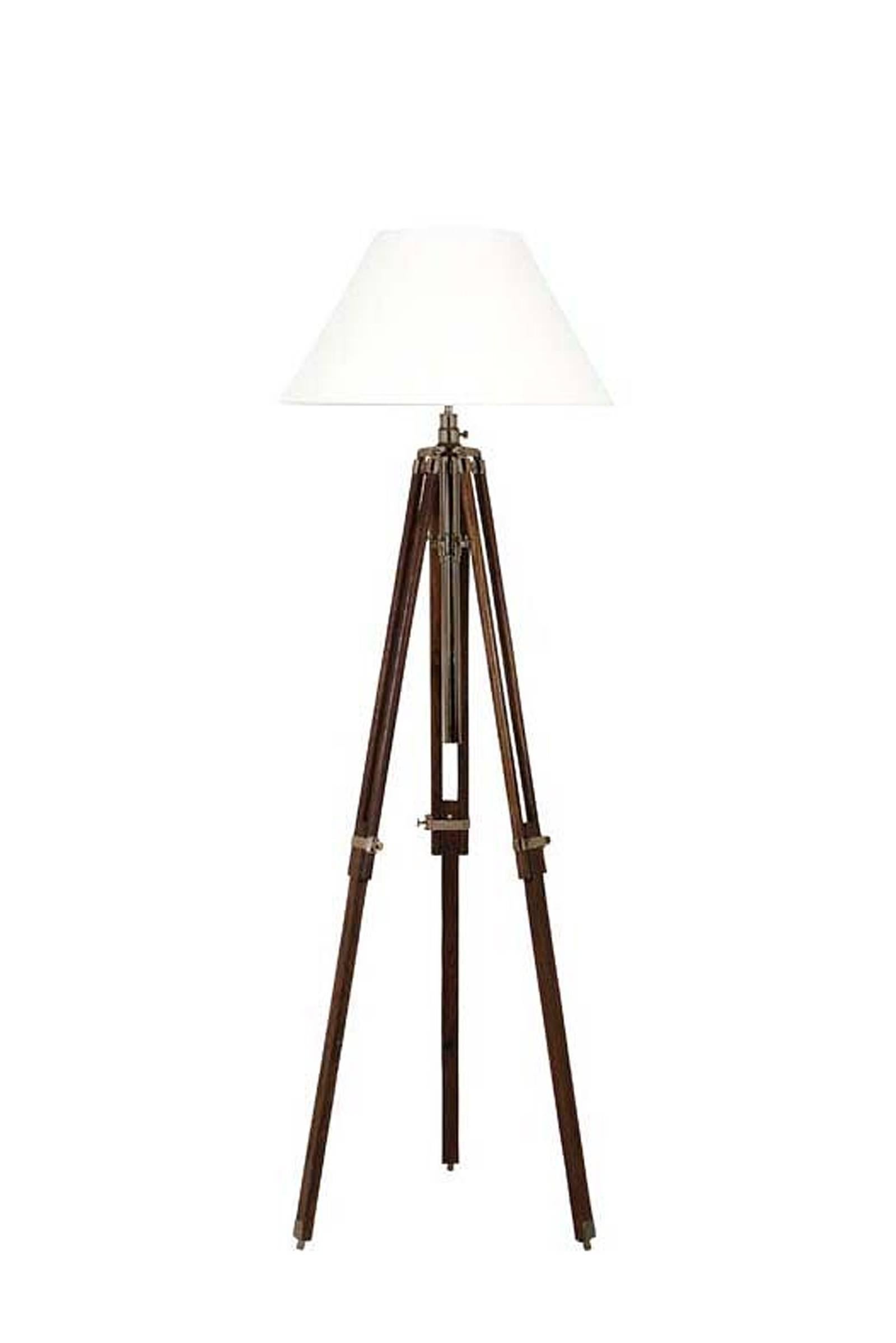 Floor lamp tripod with telescopic black legs, 
wood and nickel, black or white shade.
Adjustable height.
