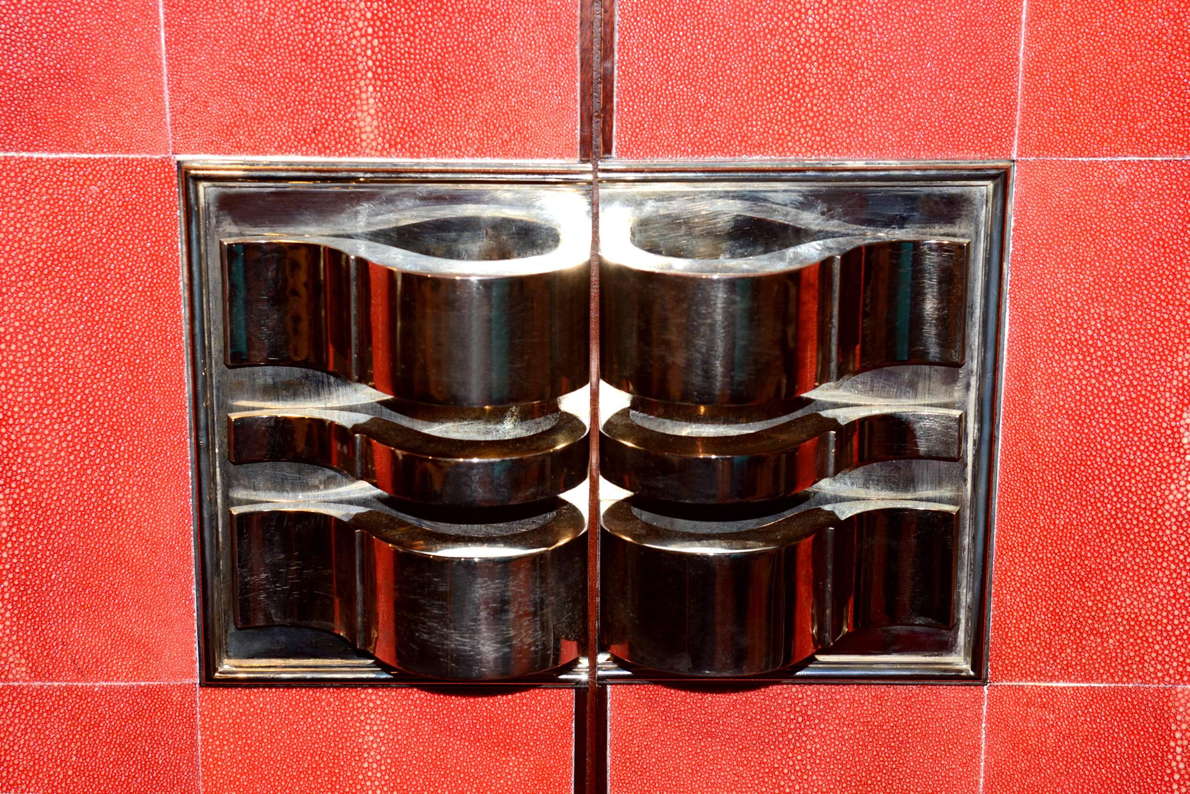 Late 20th Century Cabinet Royal Set of Two in Solid Mahogany and Red Genuine Sharkskin