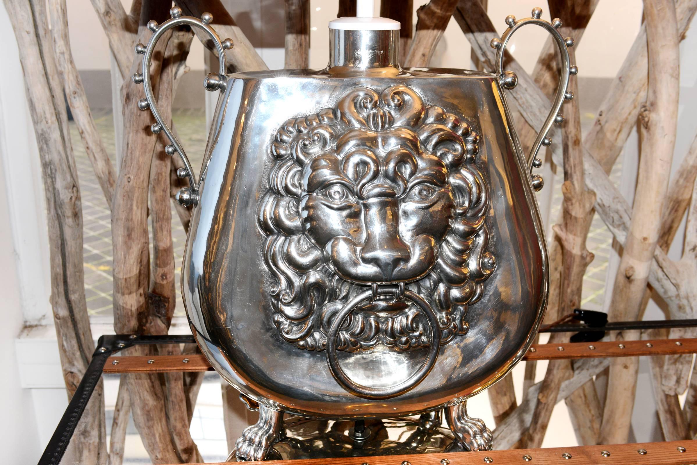 French Set of Two Vase Lamp with Lion Head
