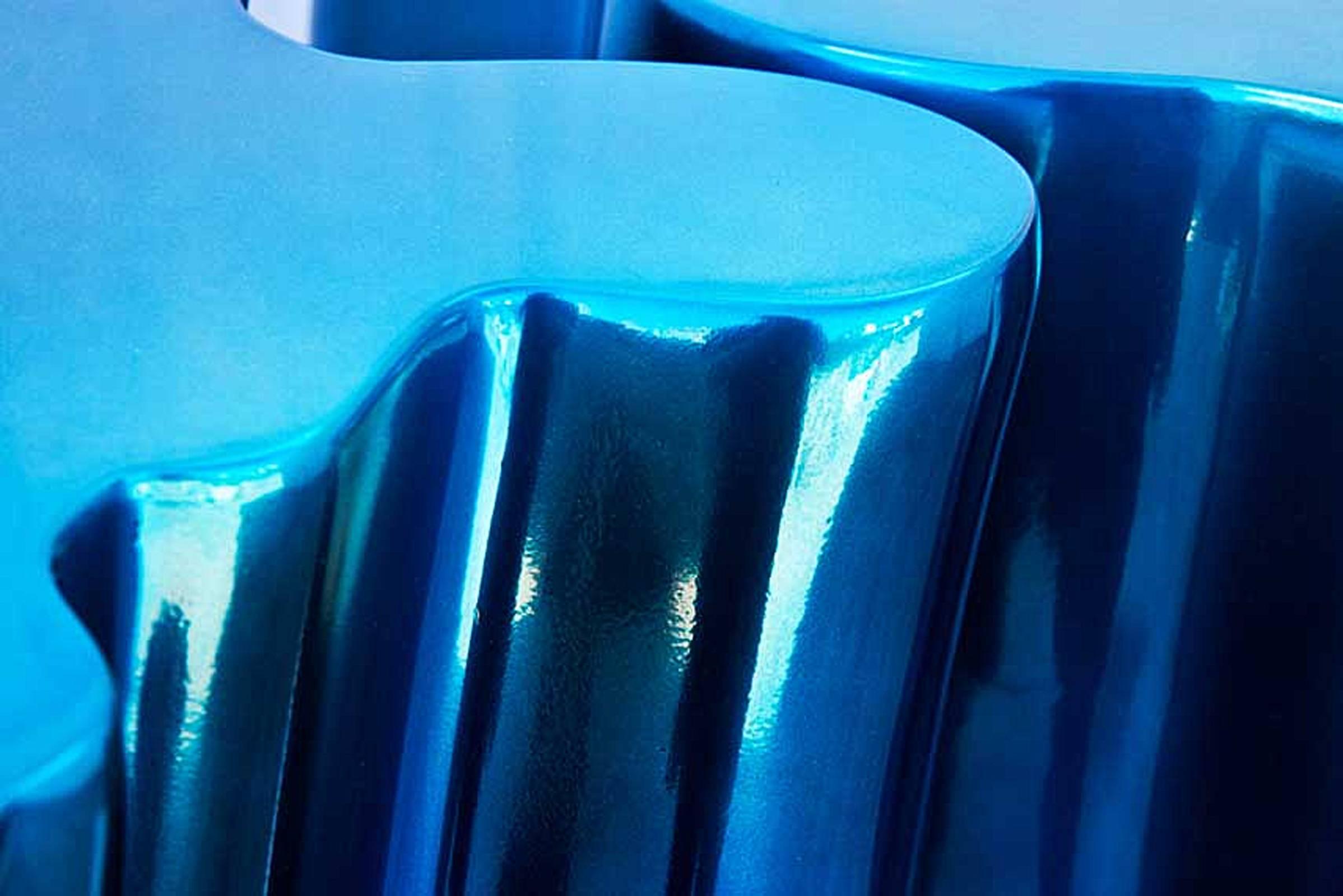 Molded Electric Blue Console in Varnished and Lacquered For Sale