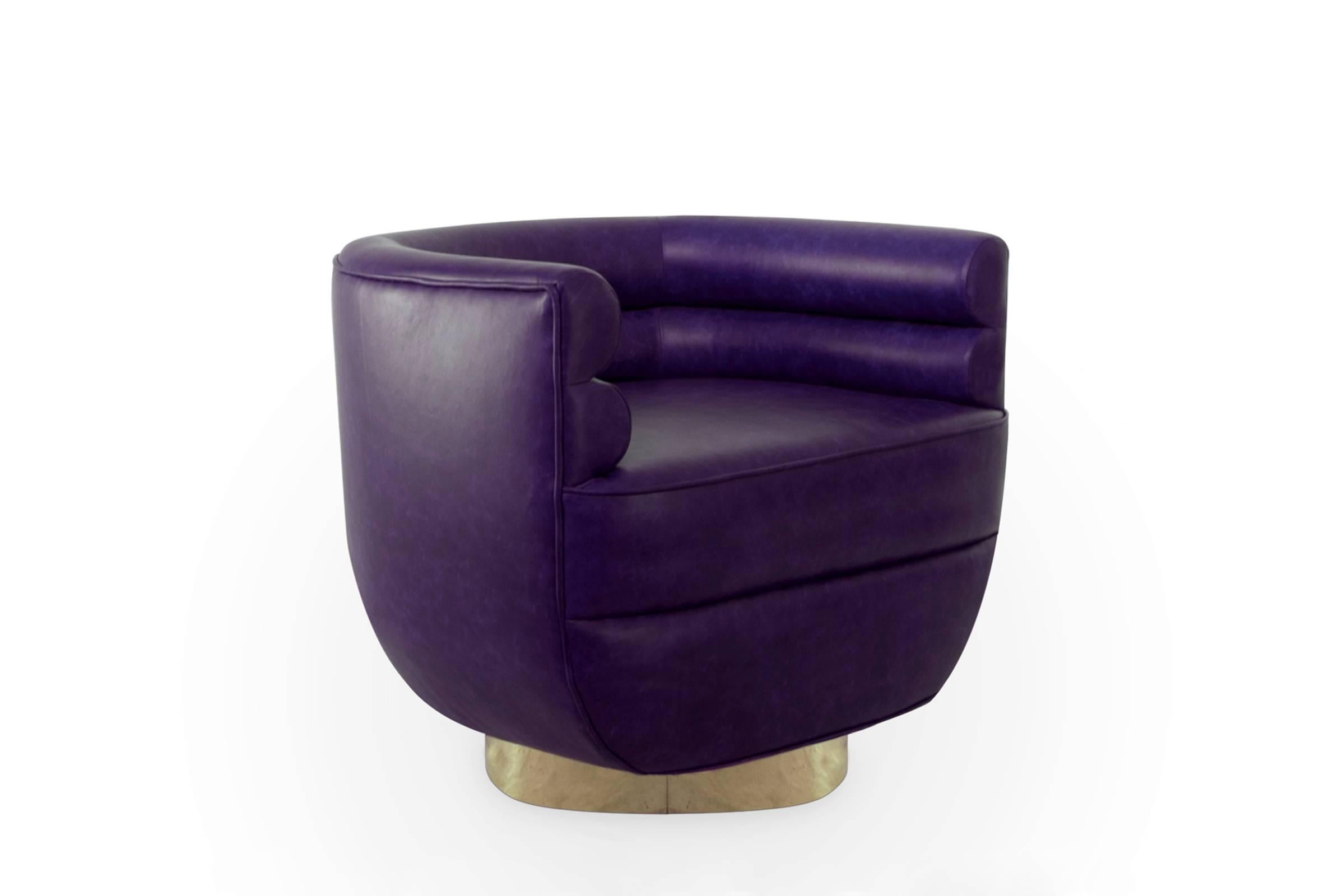 Hand-Crafted Color Lounge Armchair Genuine Leather and Brass For Sale