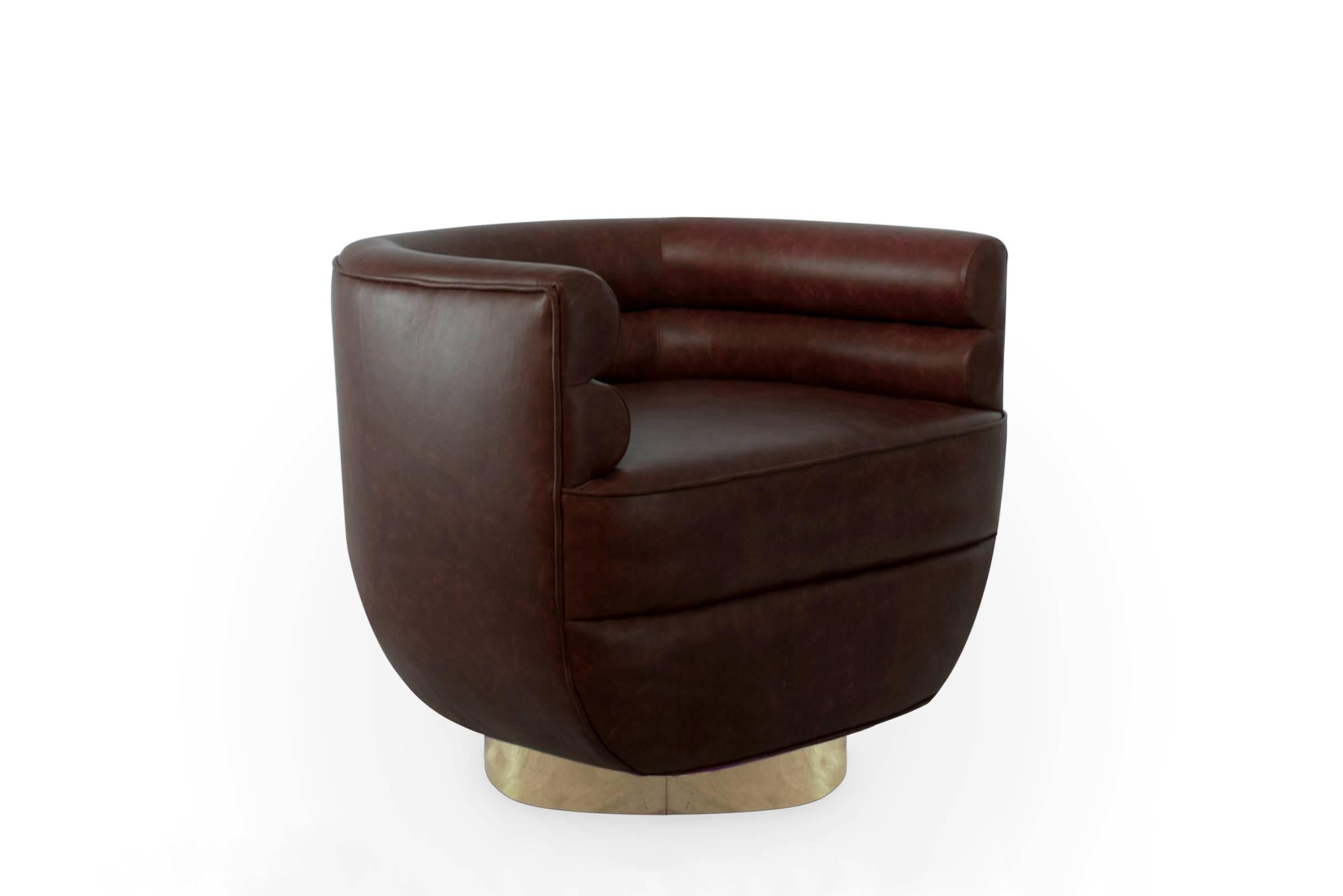 Color Lounge Armchair Genuine Leather and Brass In New Condition For Sale In Paris, FR