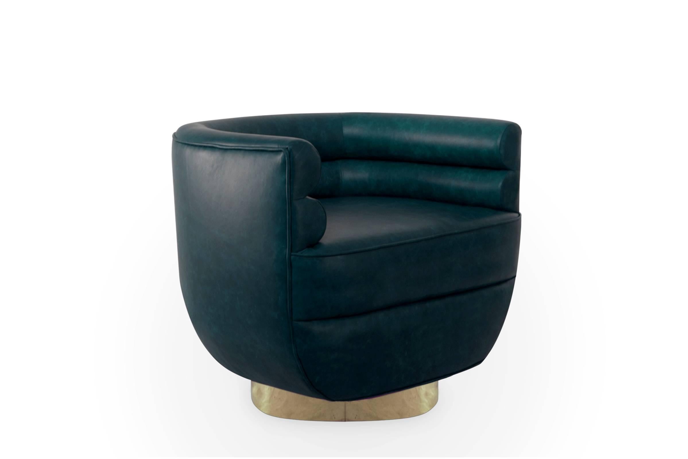 Portuguese Color Lounge Armchair Genuine Leather and Brass For Sale