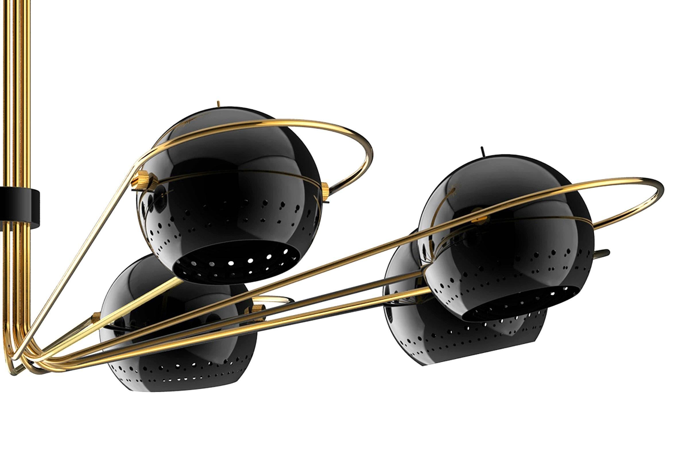Chandelier black ball lights with polished brass round arcs
and steel spherical diffusers style of 1960s. Eight arms with adjustable
lights. Available in all black lights chandelier.

 