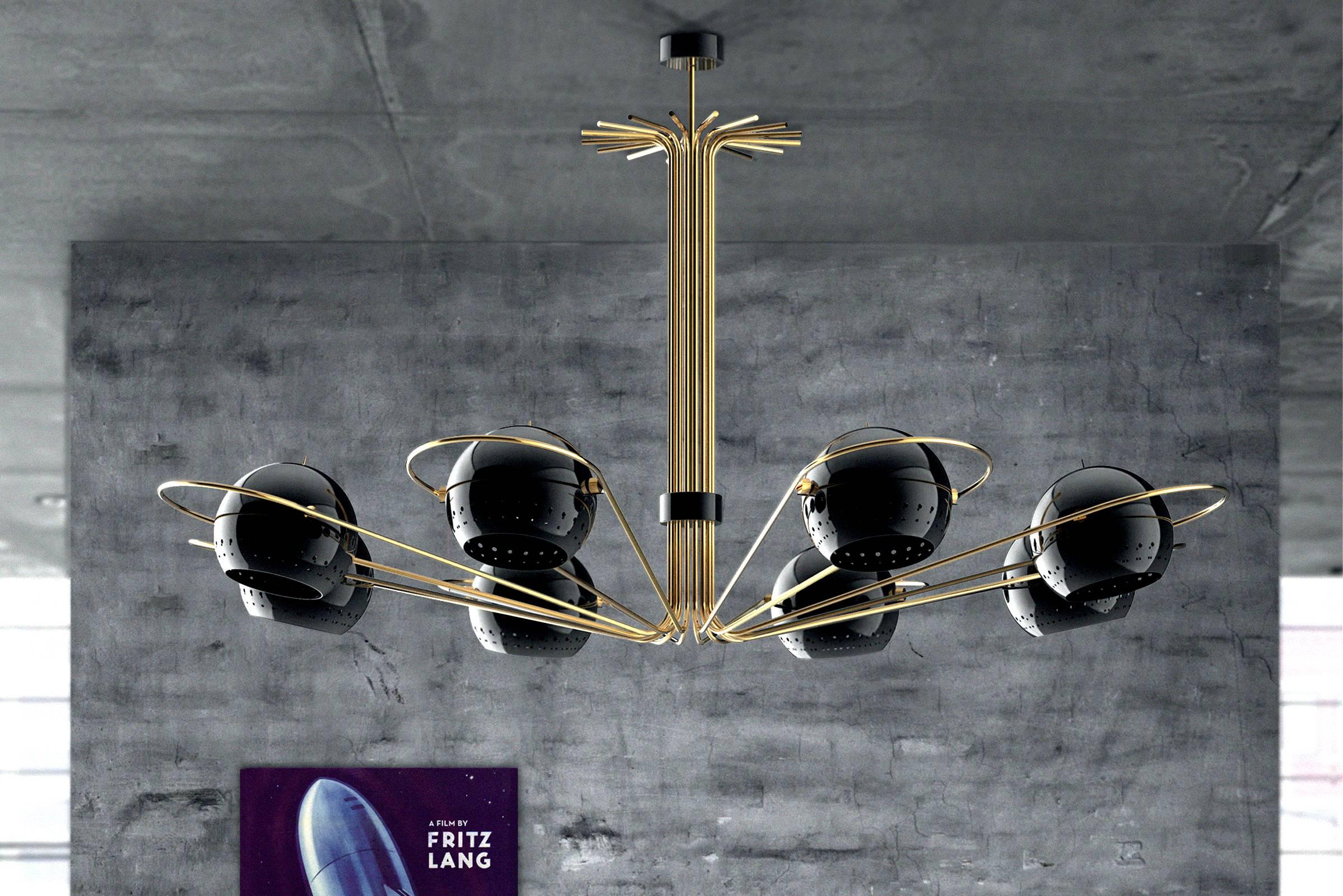Contemporary Black Ball Lights Chandelier Polished Brass and Steel For Sale