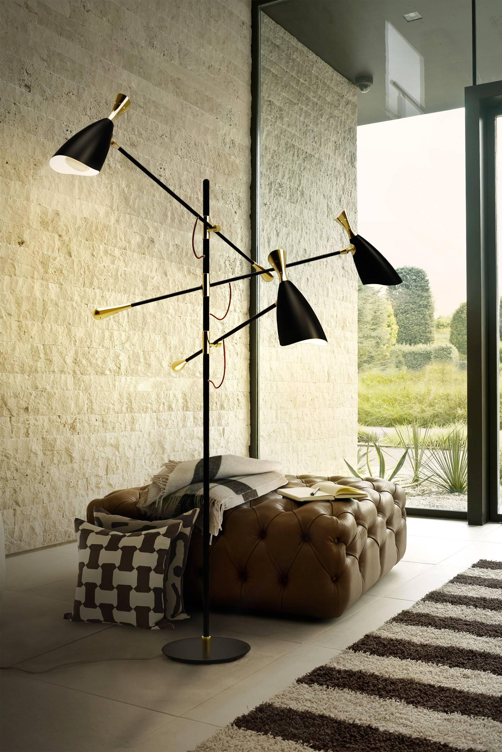 Black Lounge Floor Lamp Aluminium and Brushed Brass For Sale 2