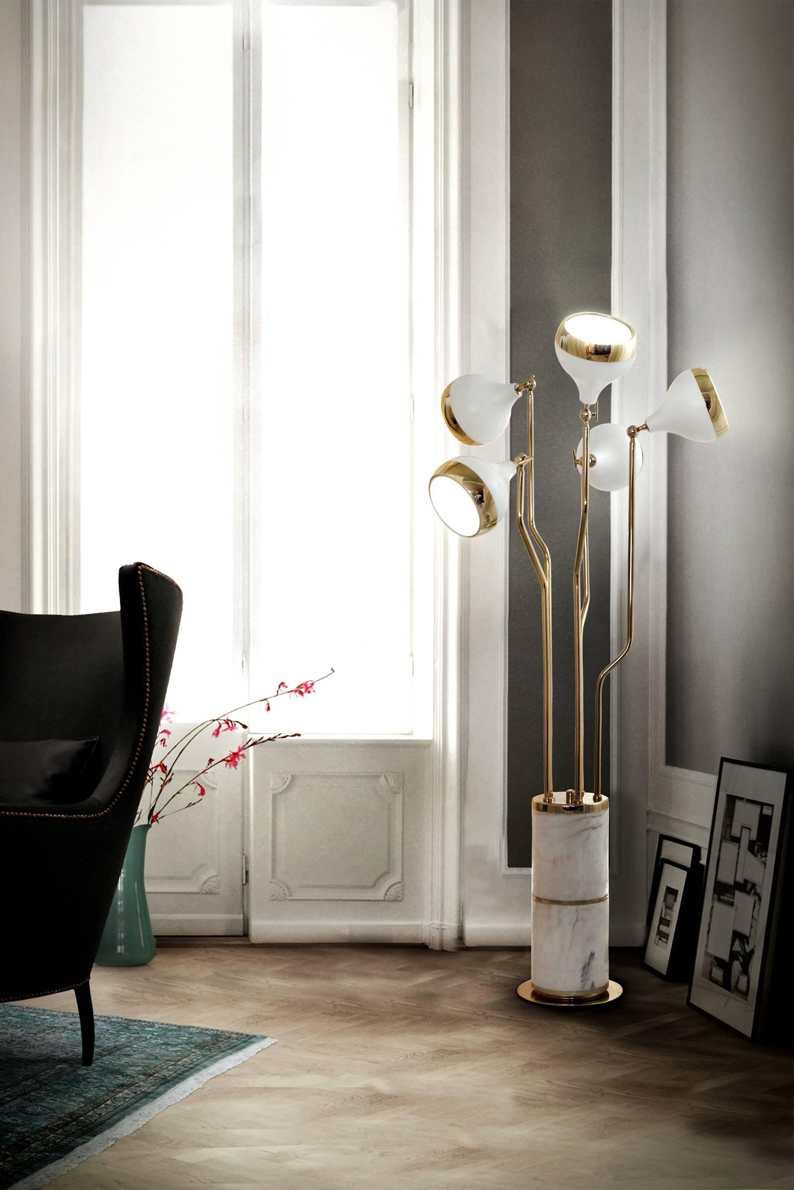 Portuguese White Lounge Floor Lamp Brass and Polished Marble For Sale