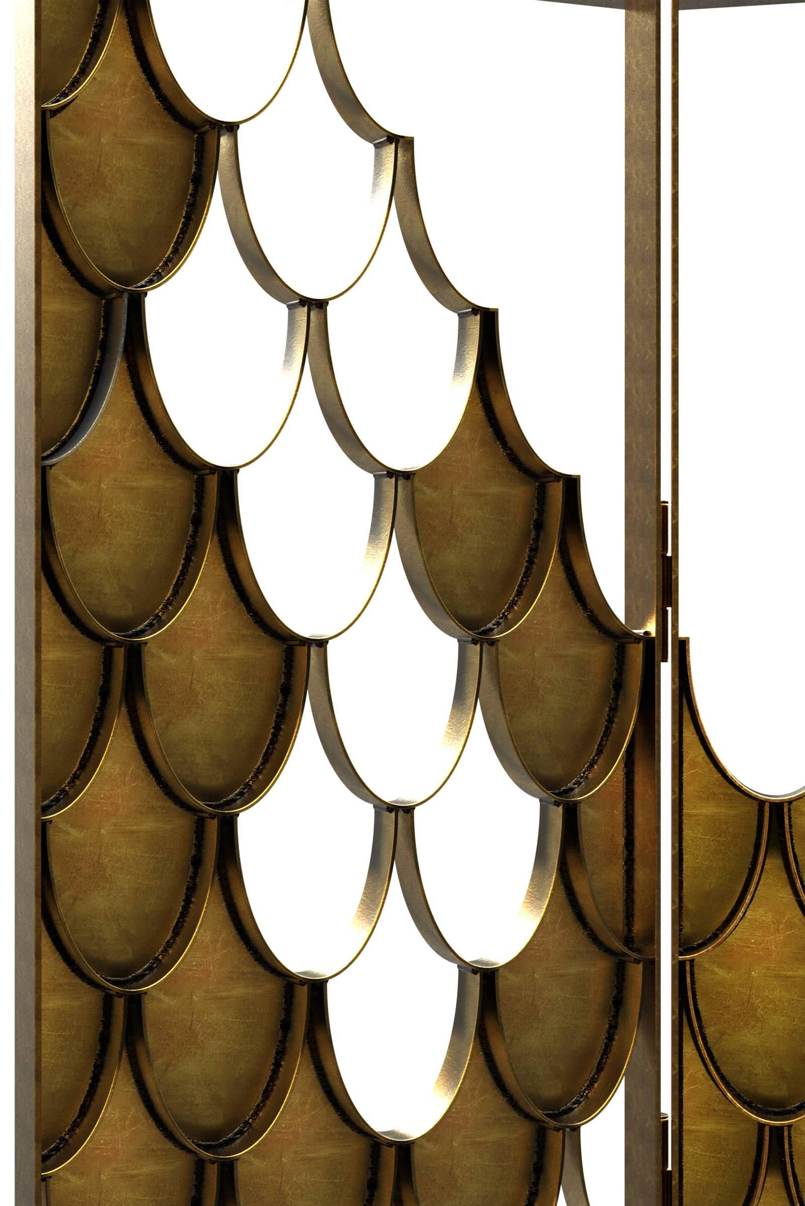 Brushed Japanese Carpus Screen in Aged Brass For Sale