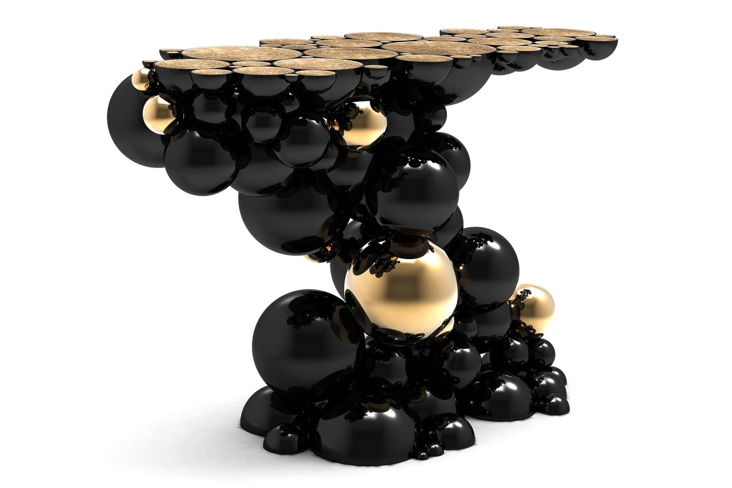 Konsolentisch mit Kugeln und Kugeln aus Aluminium mit schwarzen und goldenen Kugeln (Lackiert) im Angebot